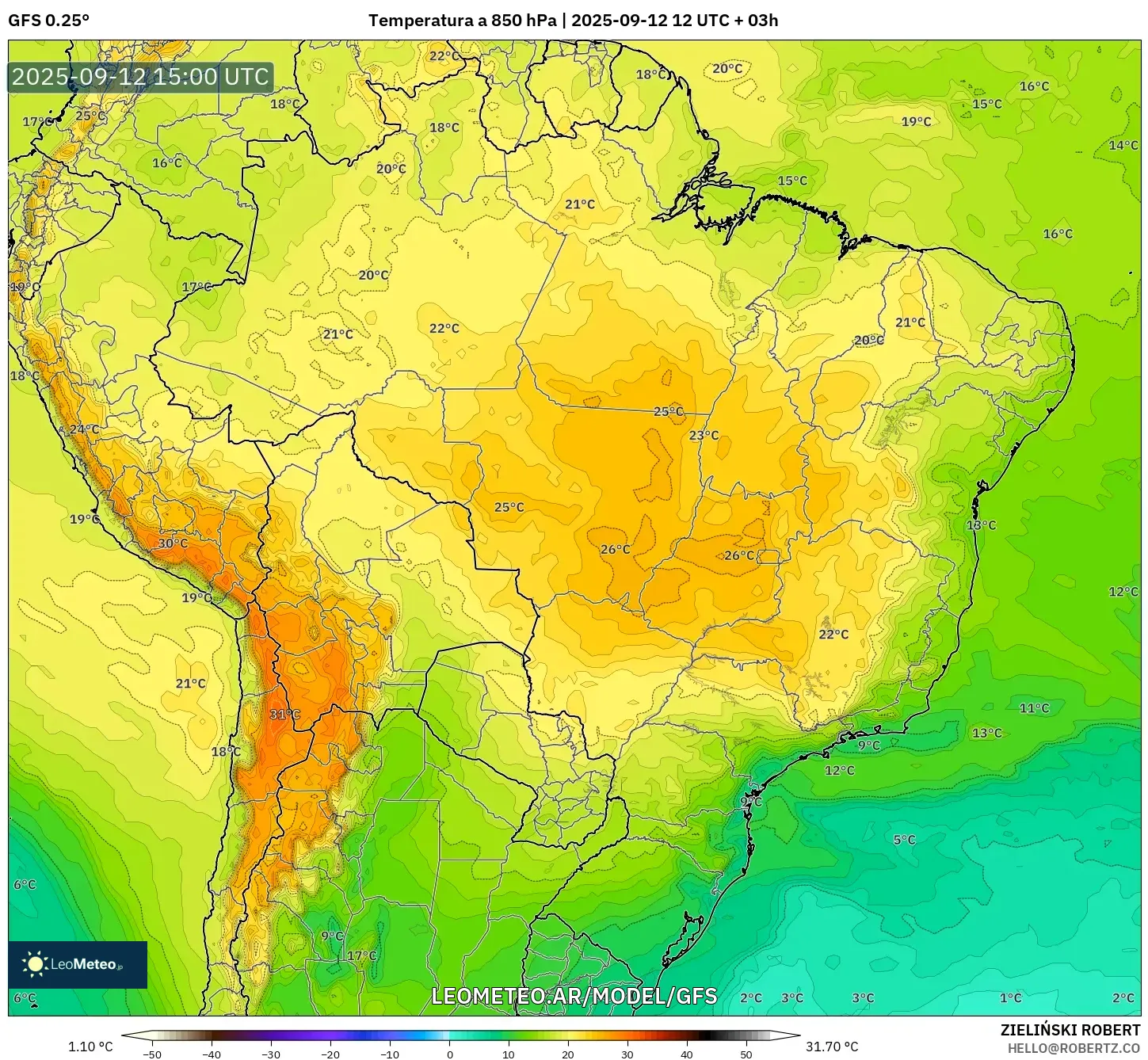 GFS model - Brasil, Temperatura a 850 hPa GFS model - Brasil, Temperatura a 850 hPa