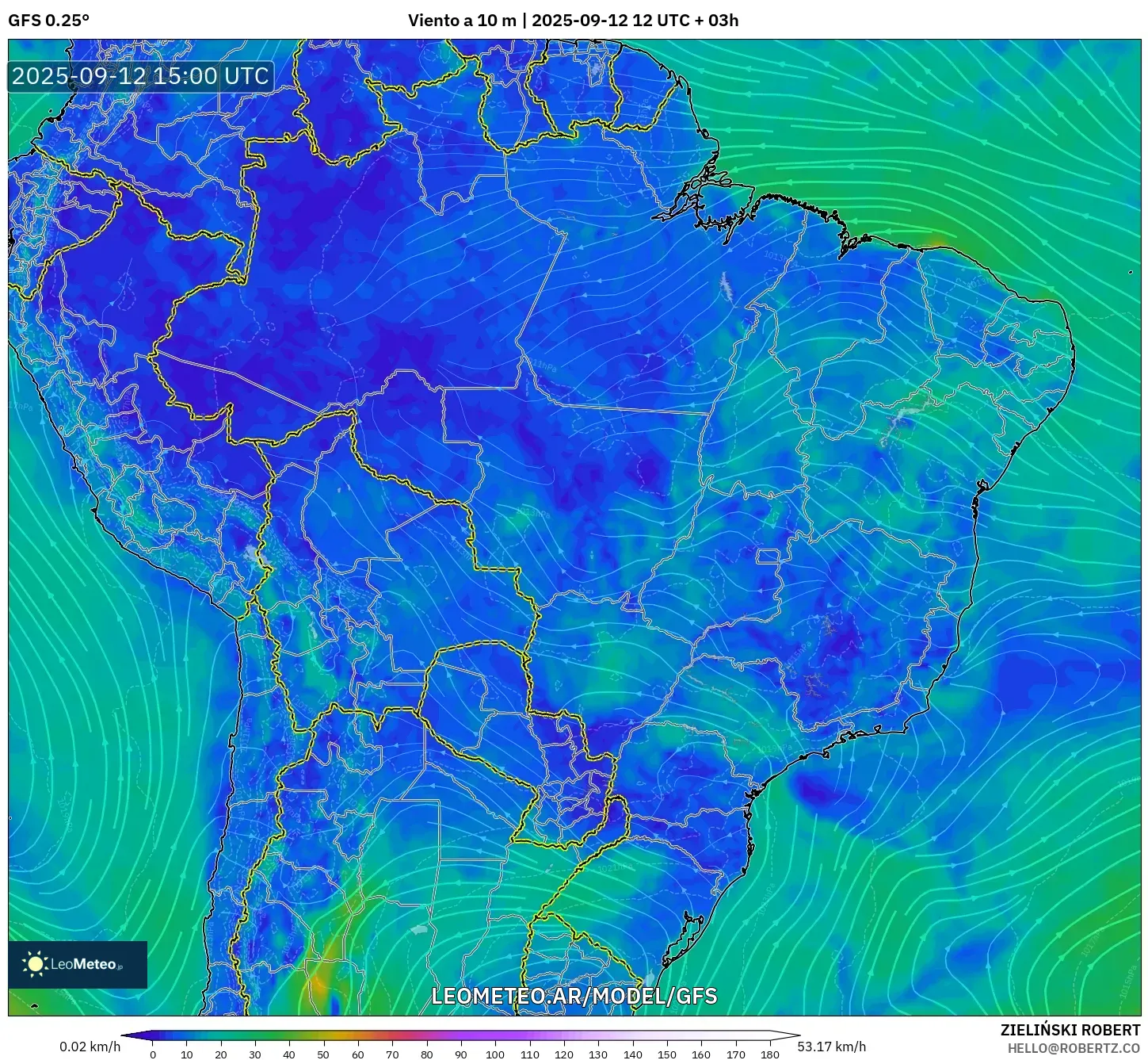 GFS model - Brasil, Viento a 10 m GFS model - Brasil, Viento a 10 m