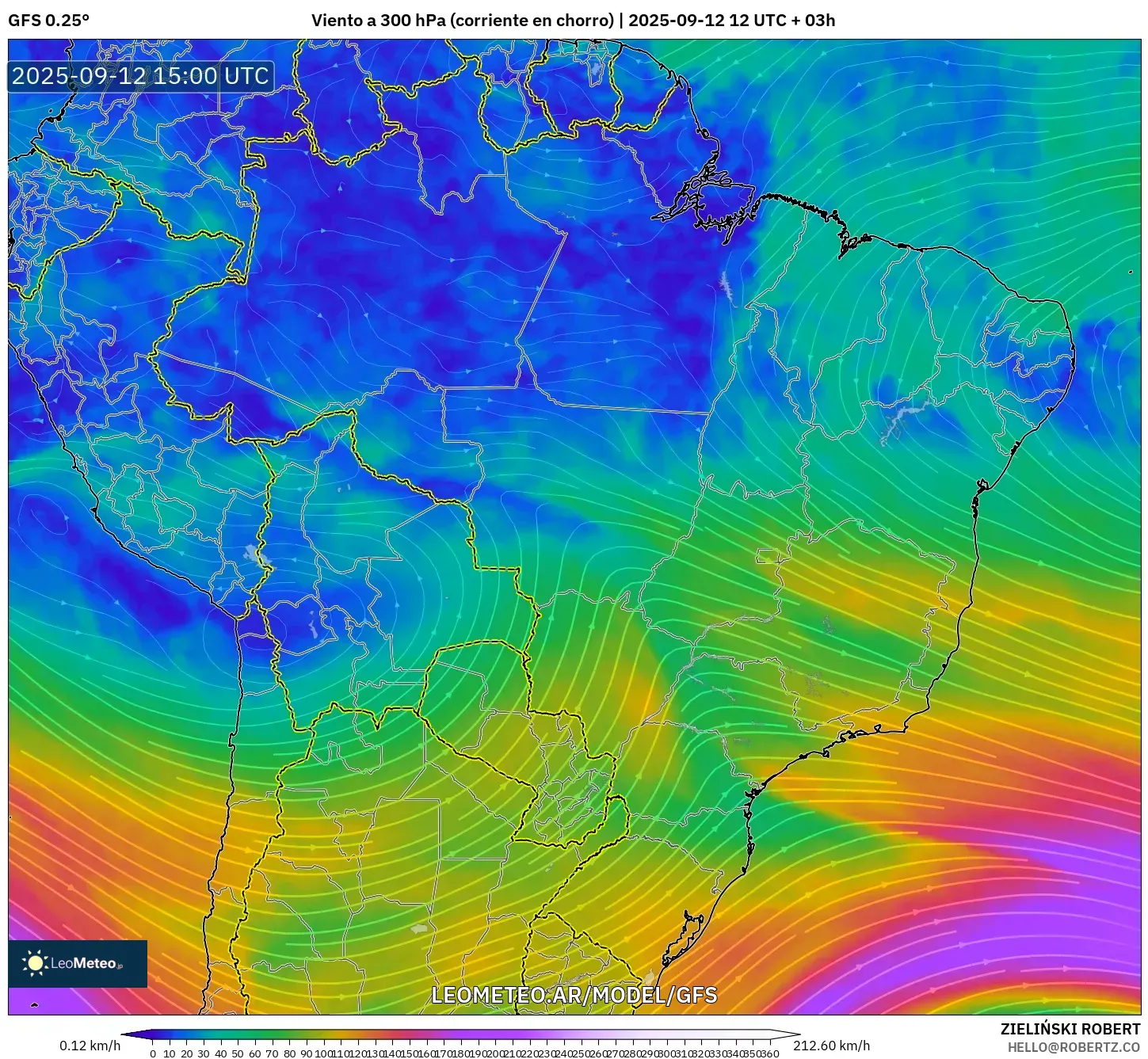 GFS model - Brasil, Viento a 300 hPa (corriente en chorro)