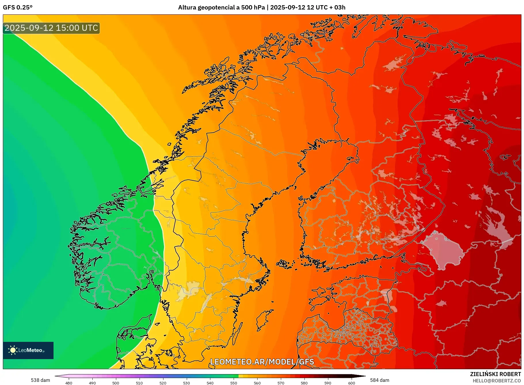 GFS model - Escandinavia, Altura geopotencial a 500 hPa