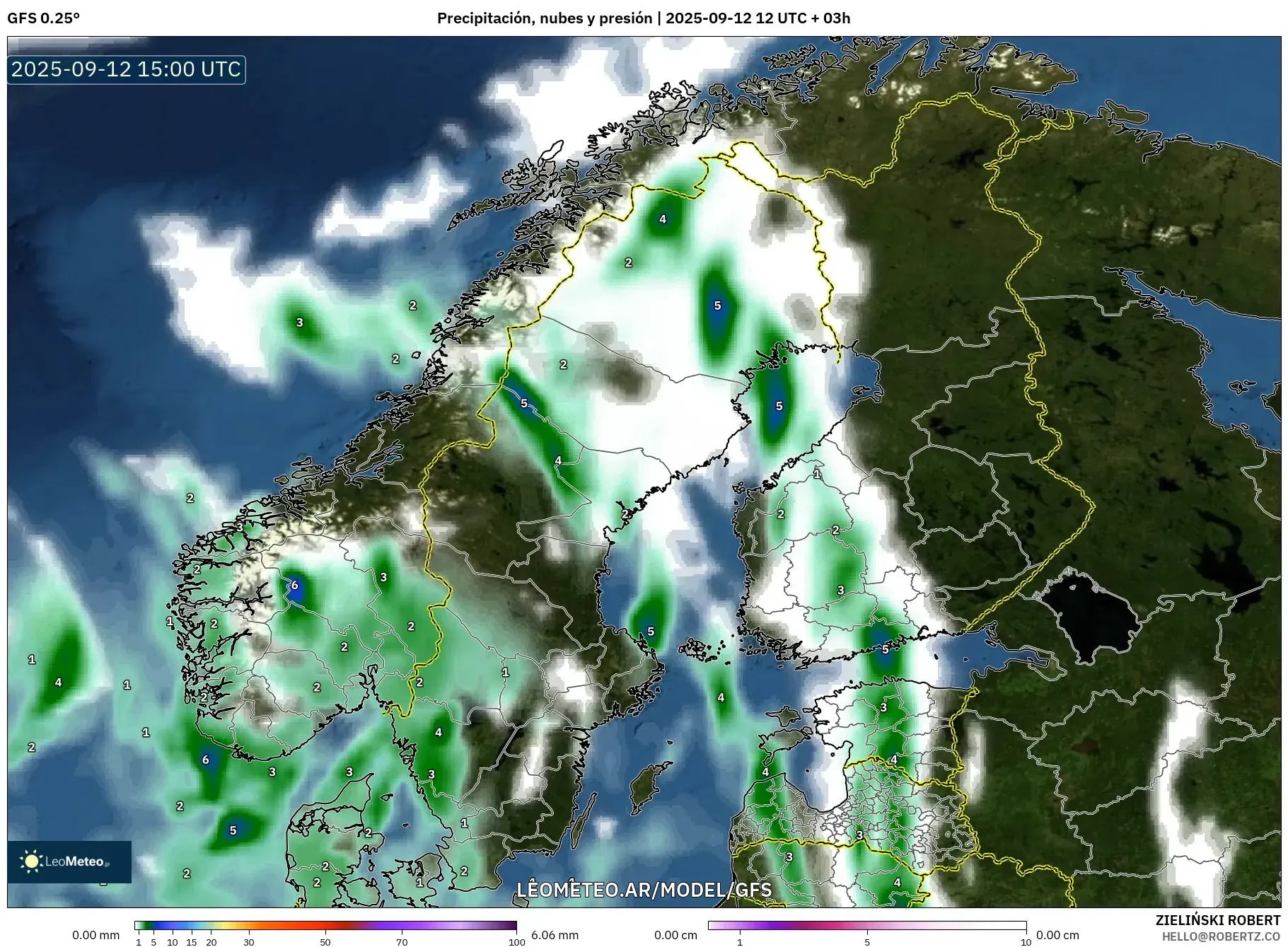 GFS model - Escandinavia, Precipitación, nubes y presión GFS model - Escandinavia, Precipitación, nubes y presión