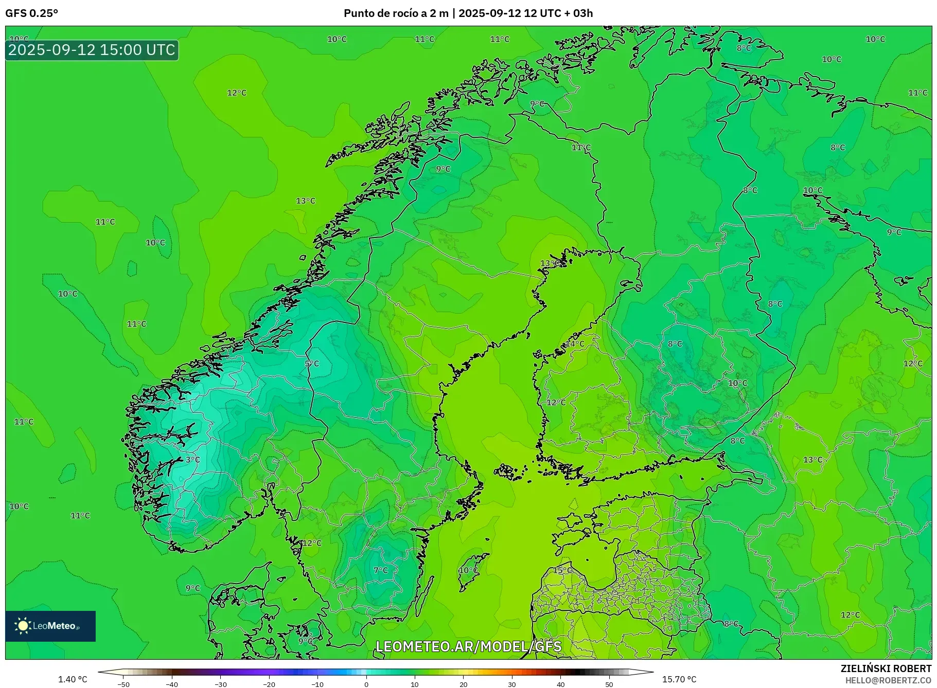 GFS model - Escandinavia, Punto de rocío a 2 m GFS model - Escandinavia, Punto de rocío a 2 m