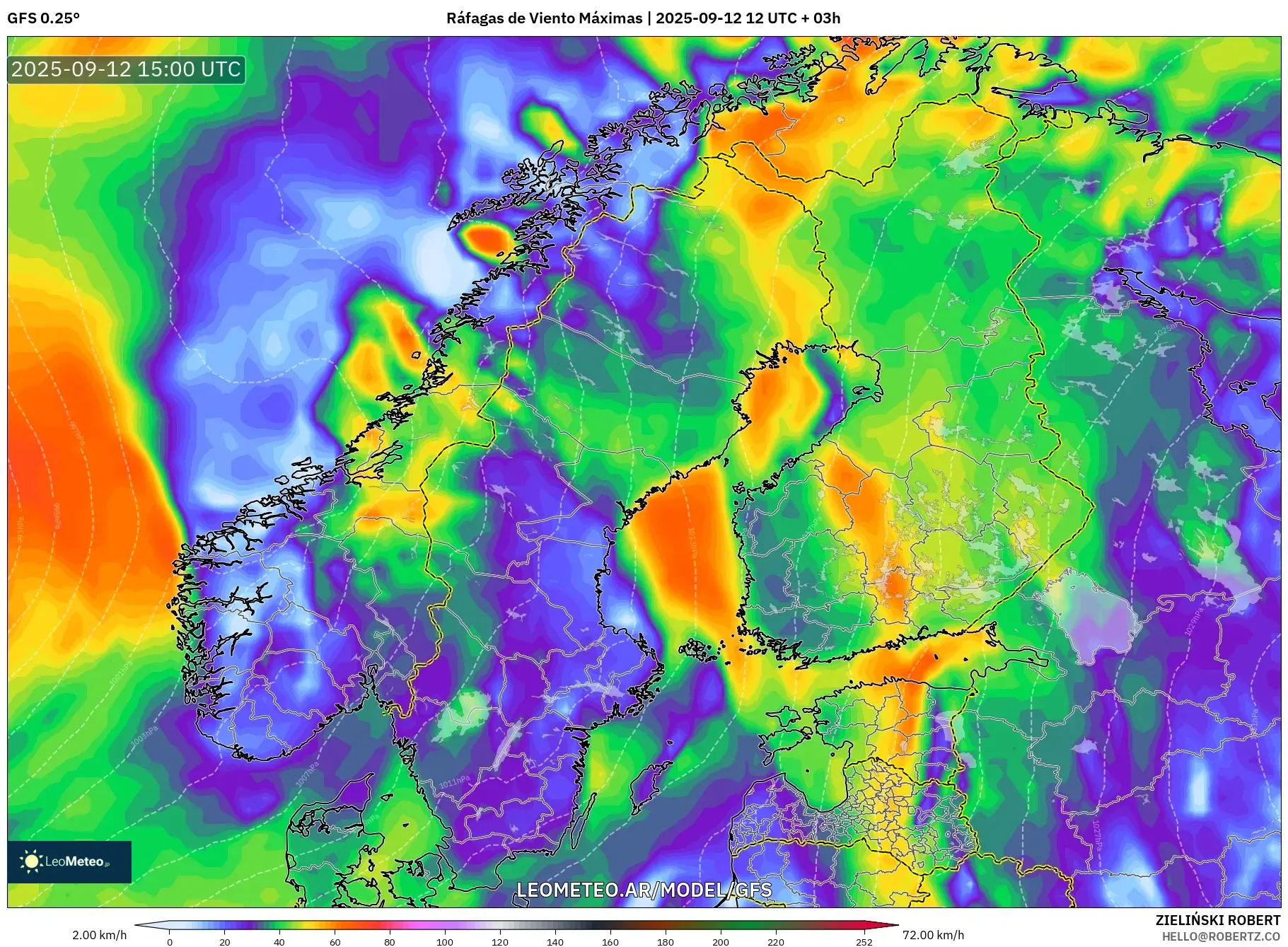 GFS model - Escandinavia, Ráfagas de Viento Máximas