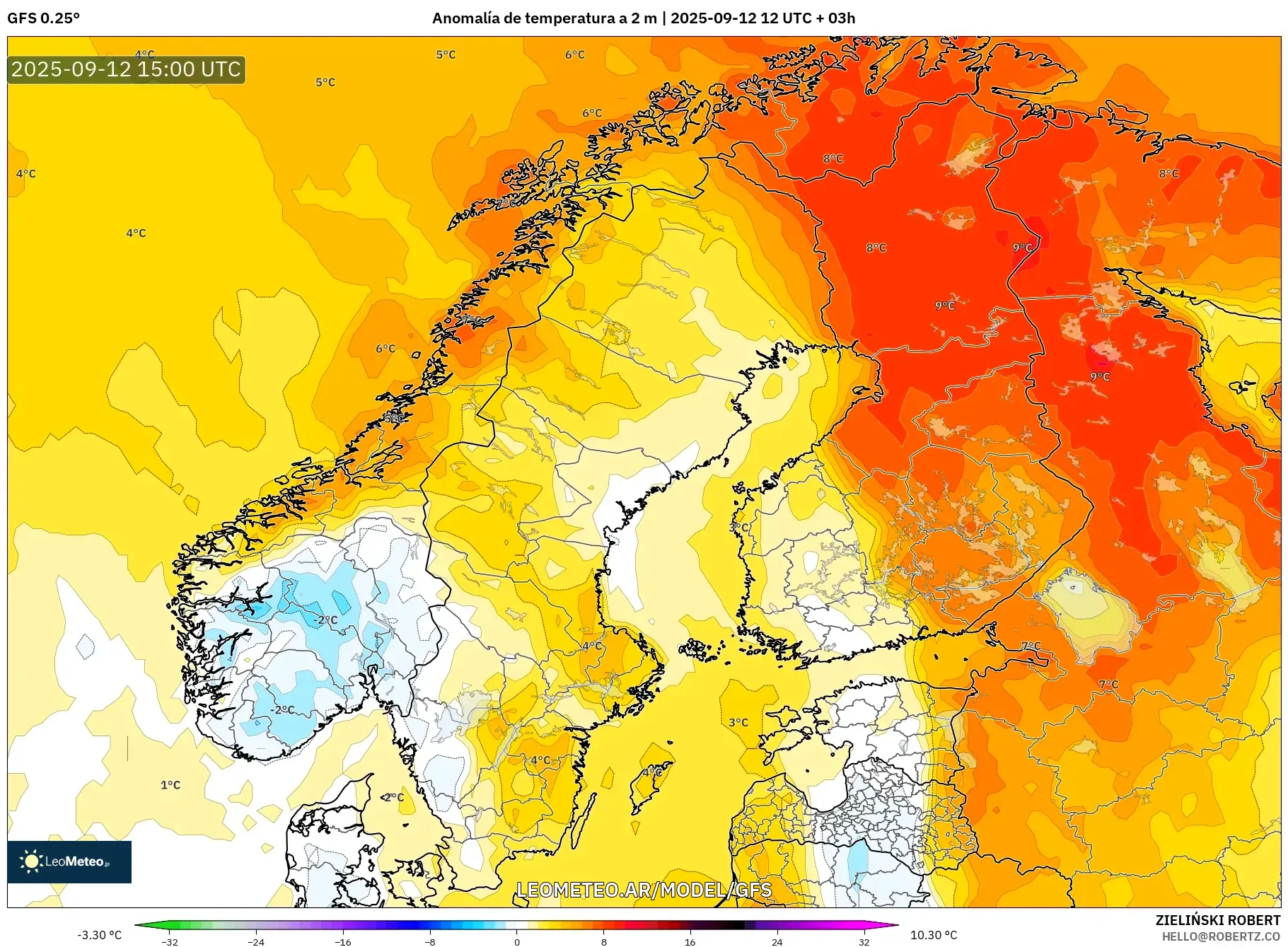 GFS model - Escandinavia, Anomalía de temperatura a 2 m GFS model - Escandinavia, Anomalía de temperatura a 2 m