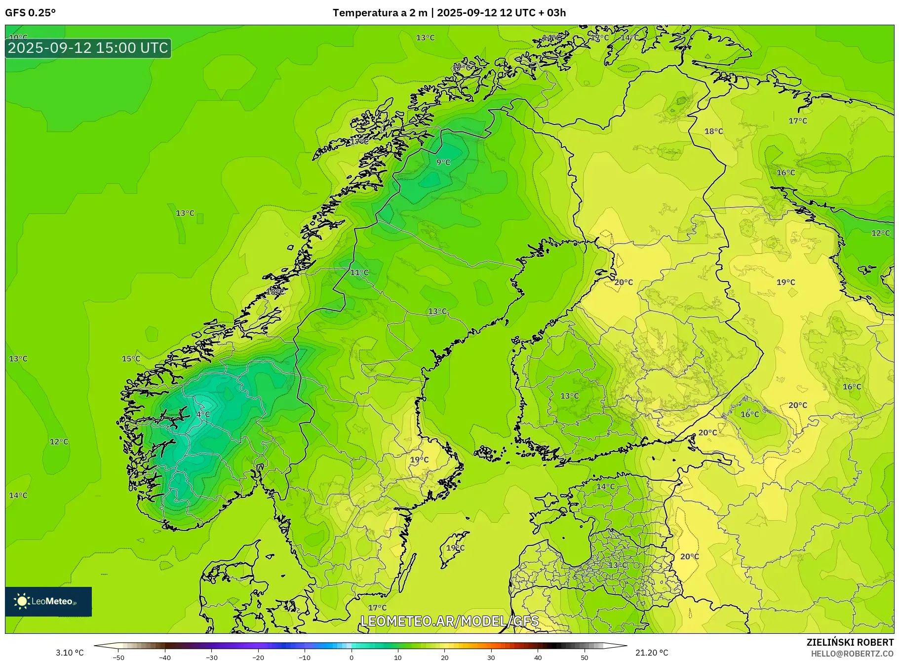 GFS model - Escandinavia, Temperatura a 2 m