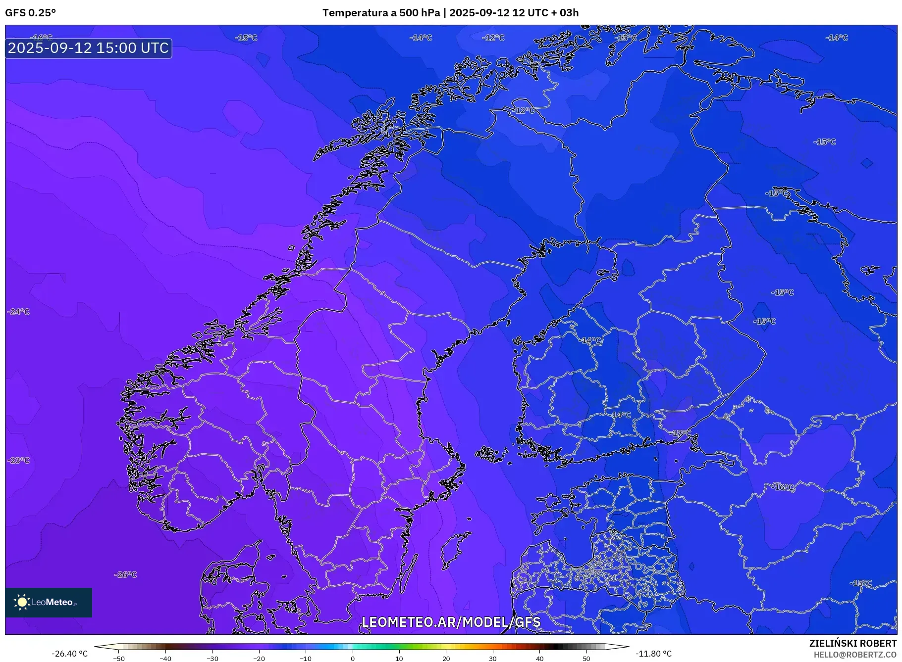 GFS model - Escandinavia, Temperatura a 500 hPa