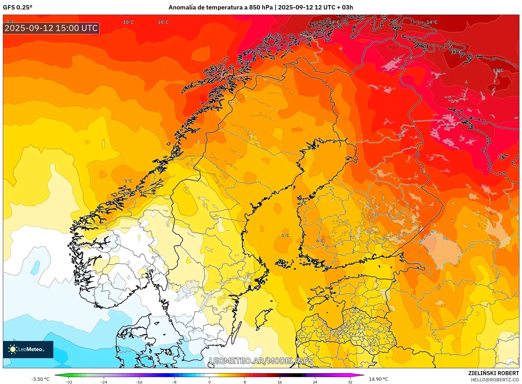 GFS model - Escandinavia, Anomalía de temperatura a 850 hPa