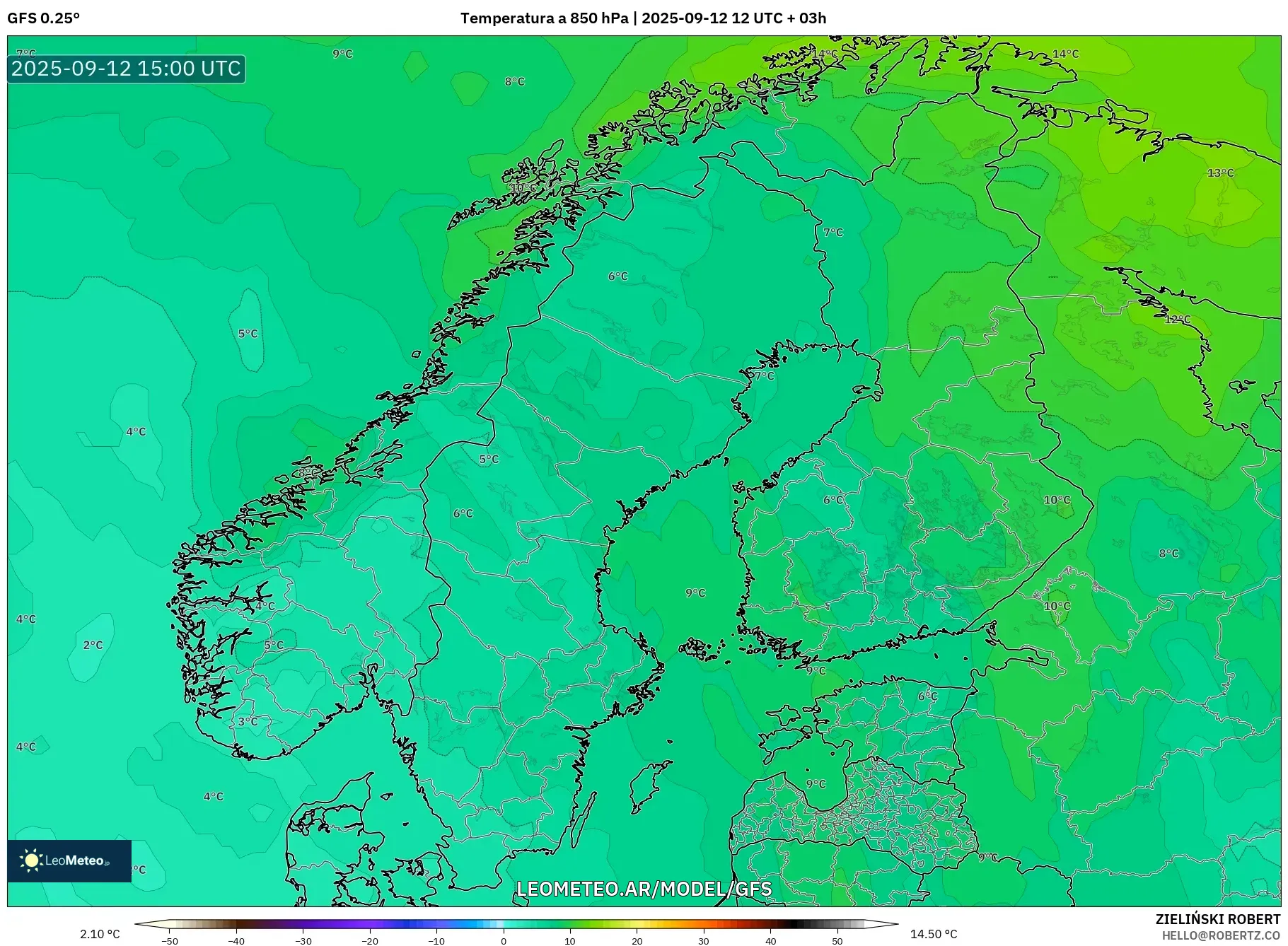 GFS model - Escandinavia, Temperatura a 850 hPa