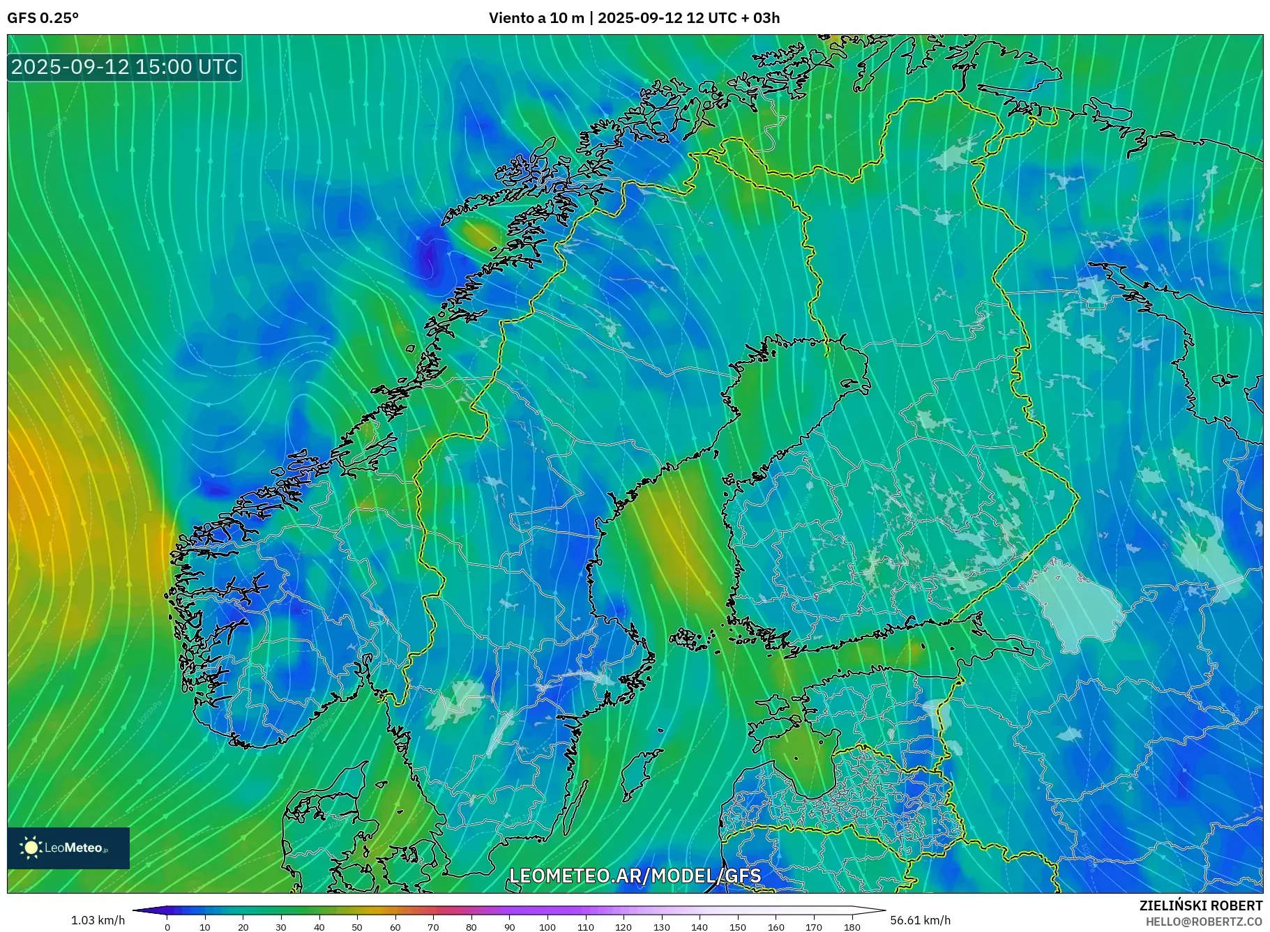 GFS model - Escandinavia, Viento a 10 m GFS model - Escandinavia, Viento a 10 m