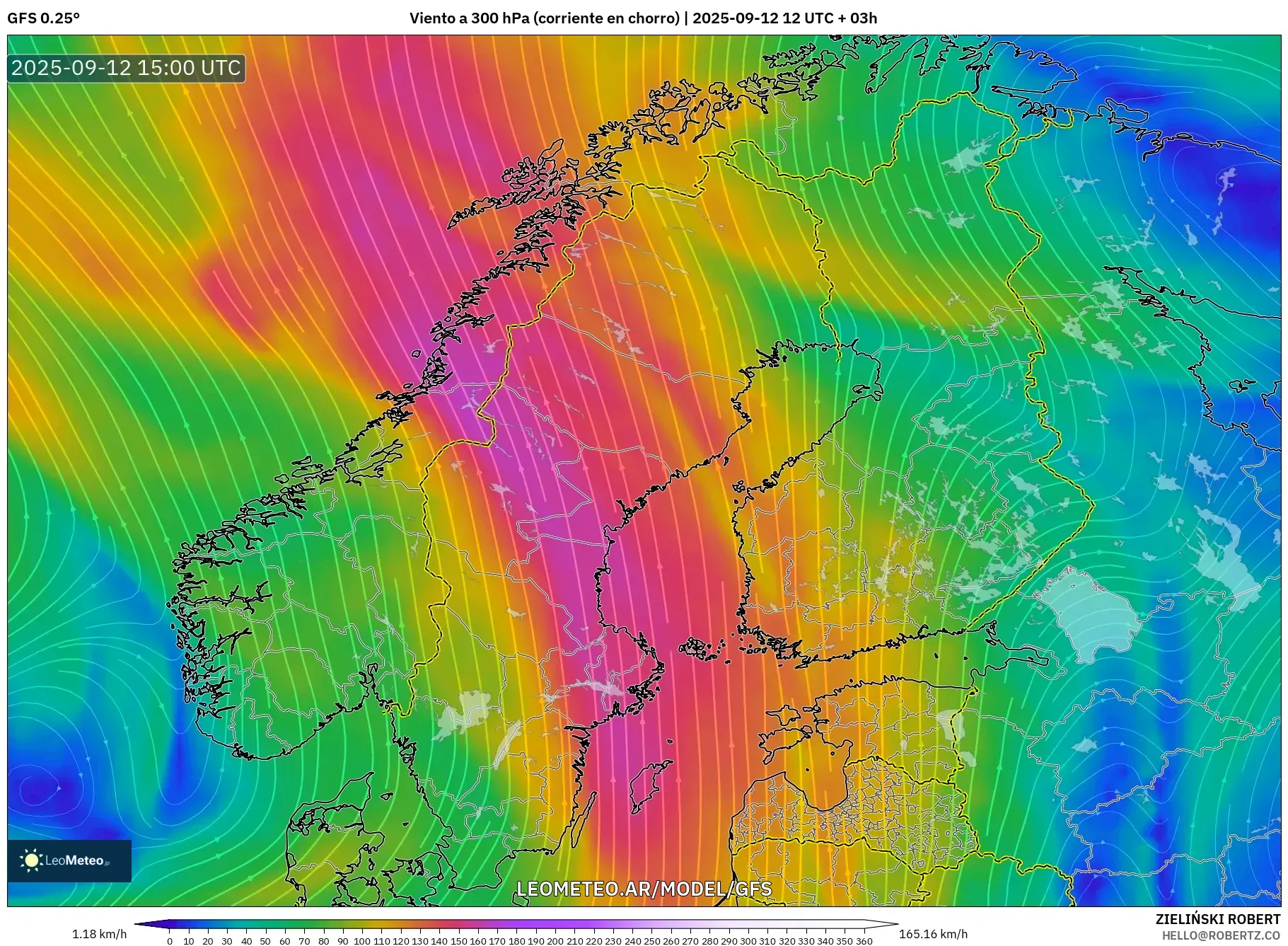 GFS model - Escandinavia, Viento a 300 hPa (corriente en chorro)