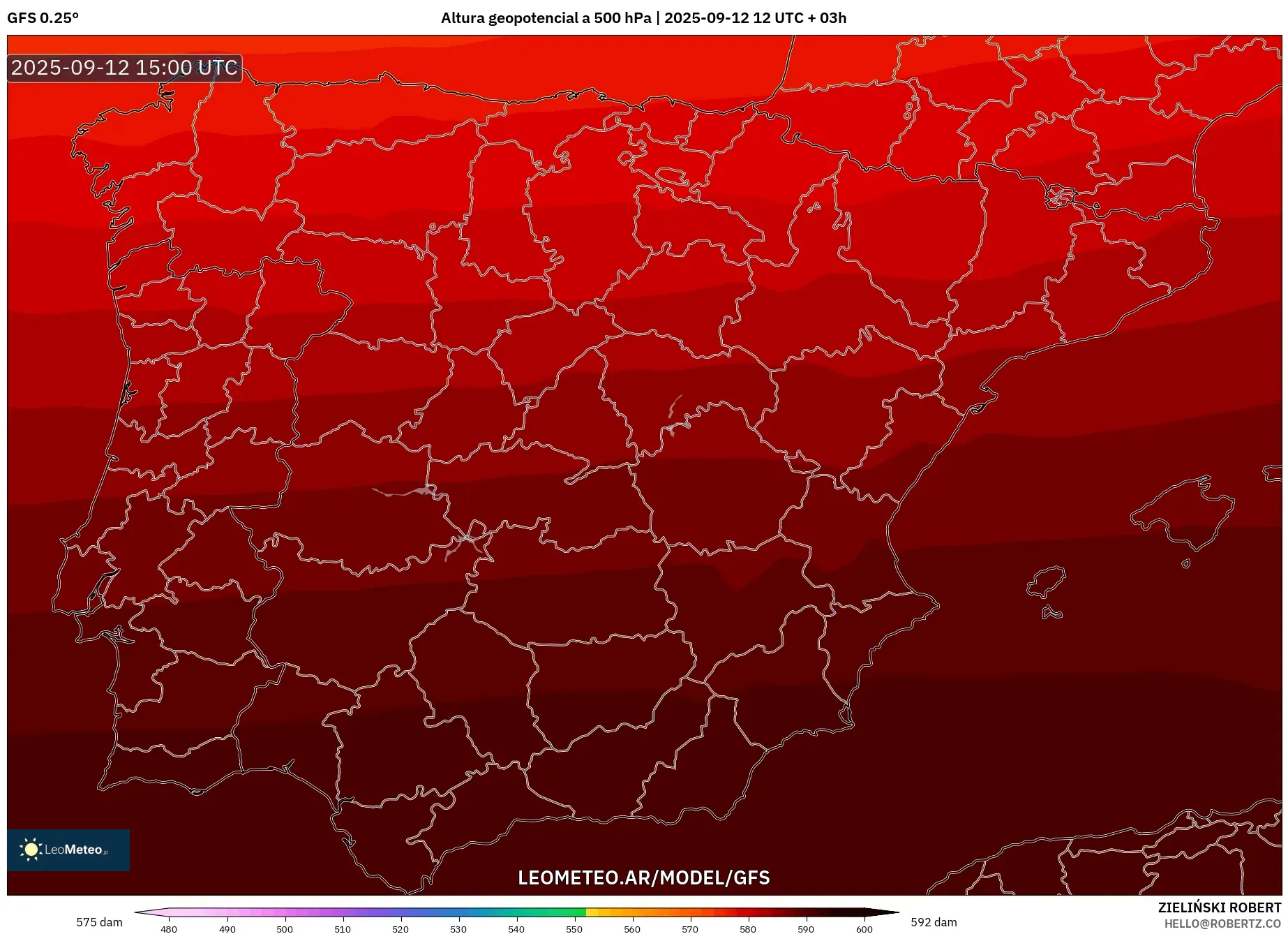 GFS model - España, Altura geopotencial a 500 hPa