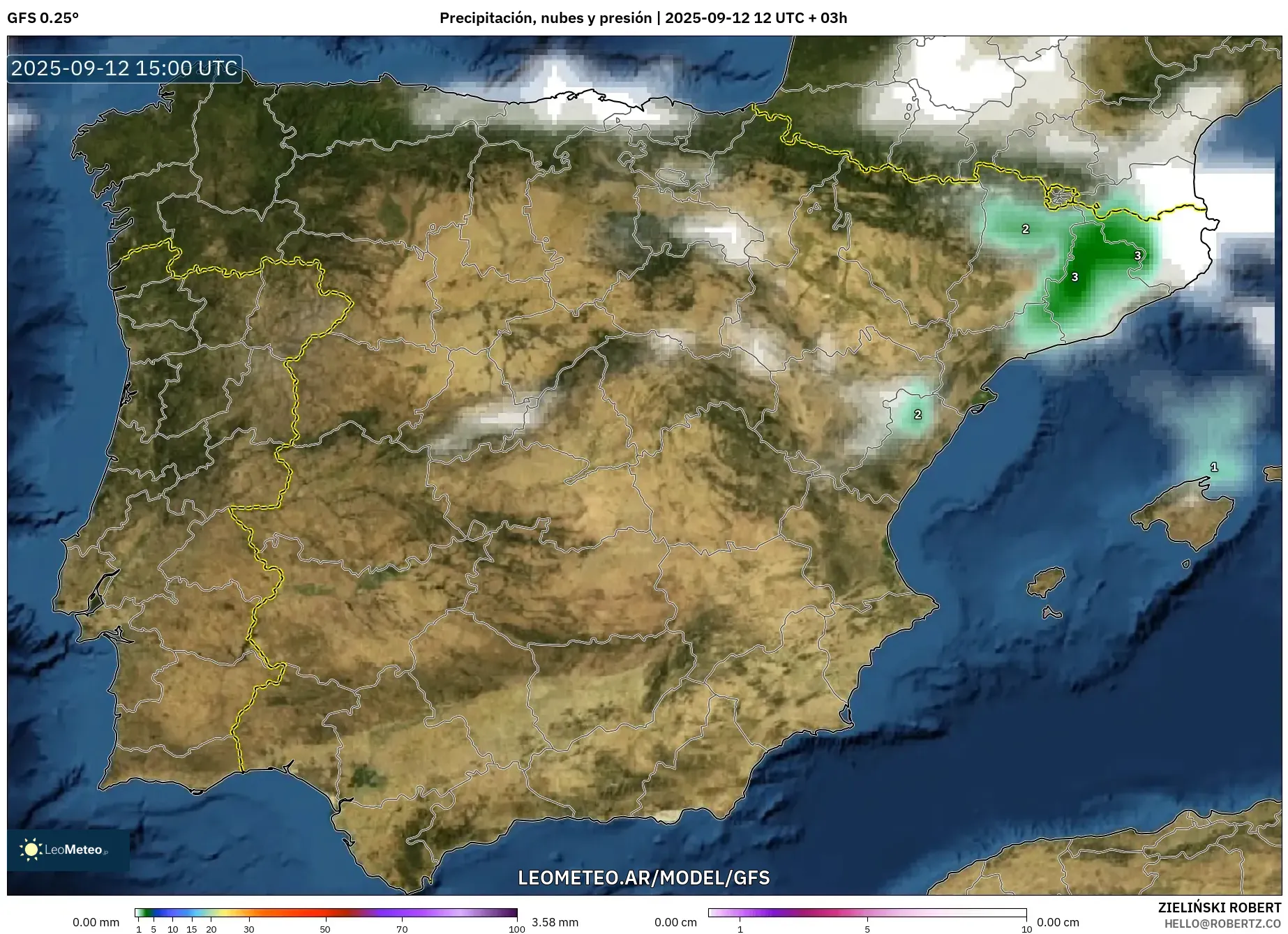 GFS model - España, Precipitación, nubes y presión