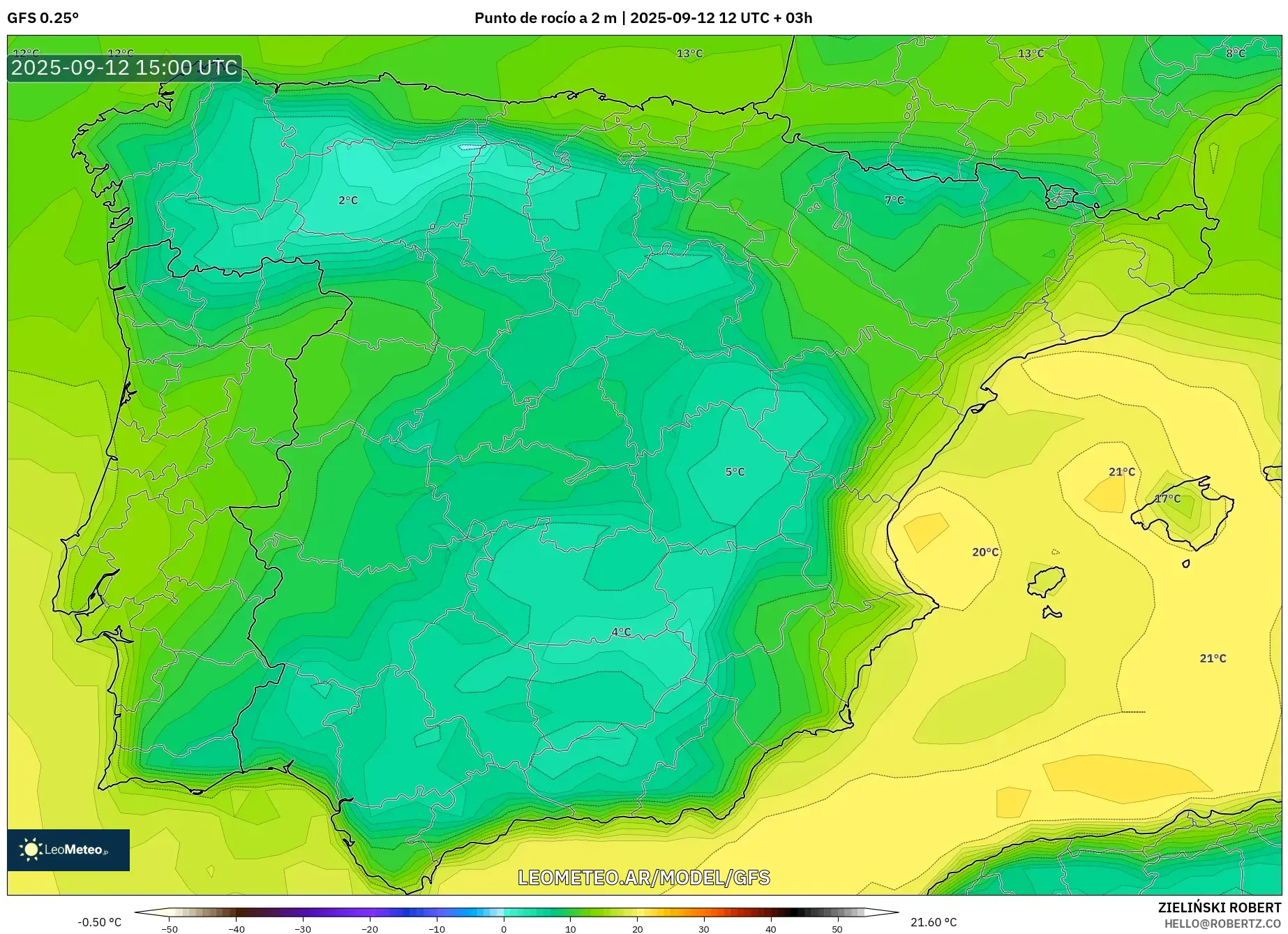 GFS model - España, Punto de rocío a 2 m GFS model - España, Punto de rocío a 2 m