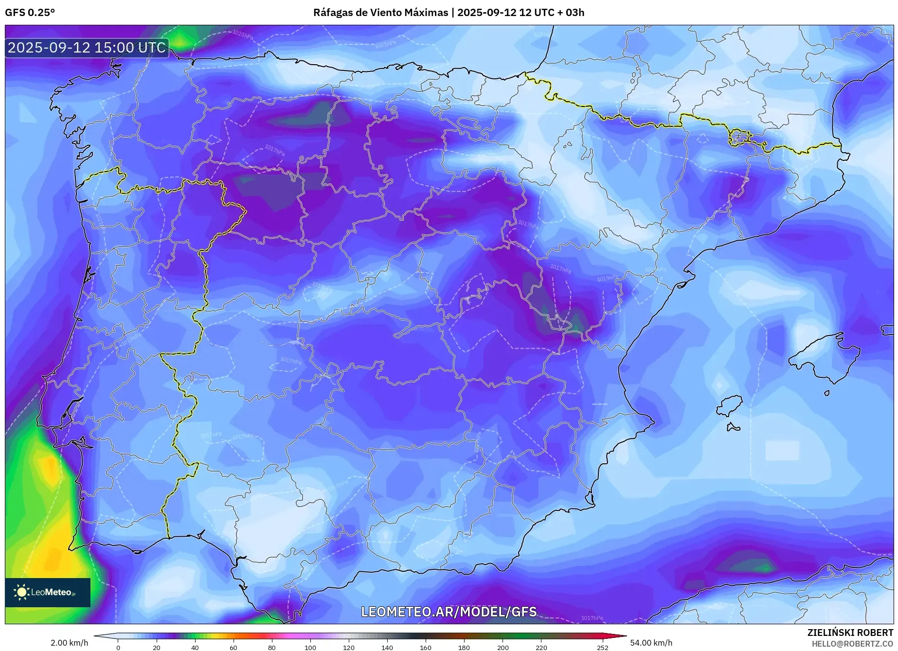 GFS model - España, Ráfagas de Viento Máximas GFS model - España, Ráfagas de Viento Máximas