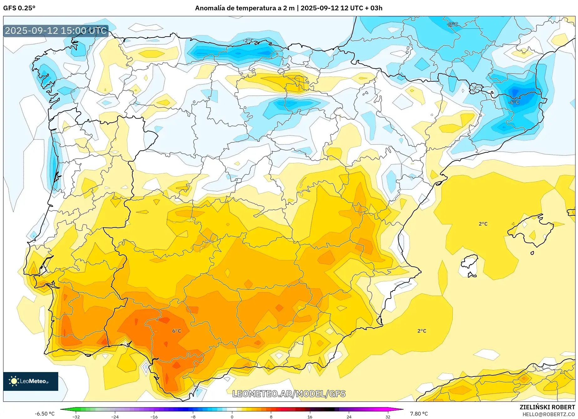 GFS model - España, Anomalía de temperatura a 2 m GFS model - España, Anomalía de temperatura a 2 m