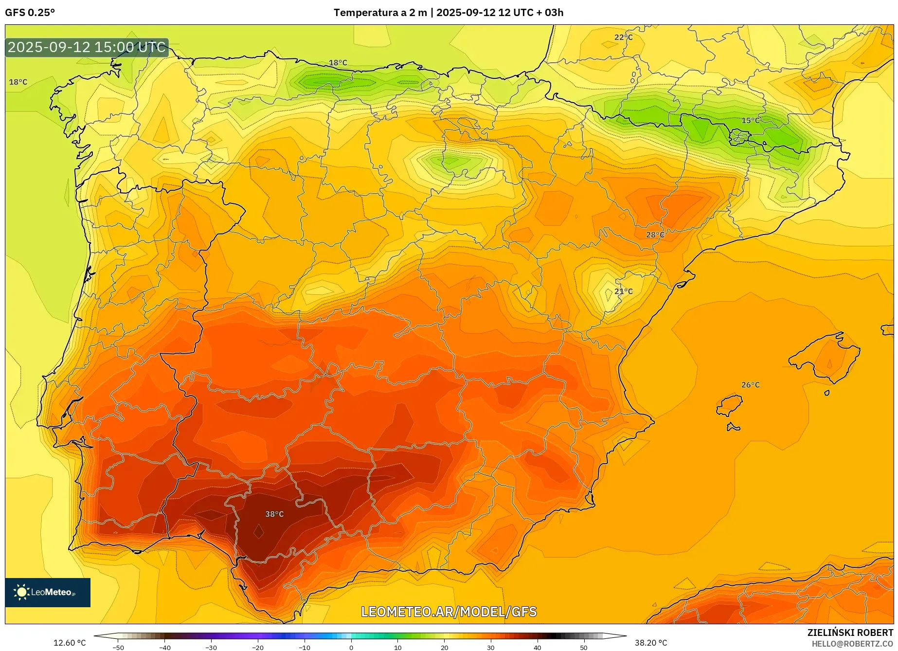 GFS model - España, Temperatura a 2 m GFS model - España, Temperatura a 2 m