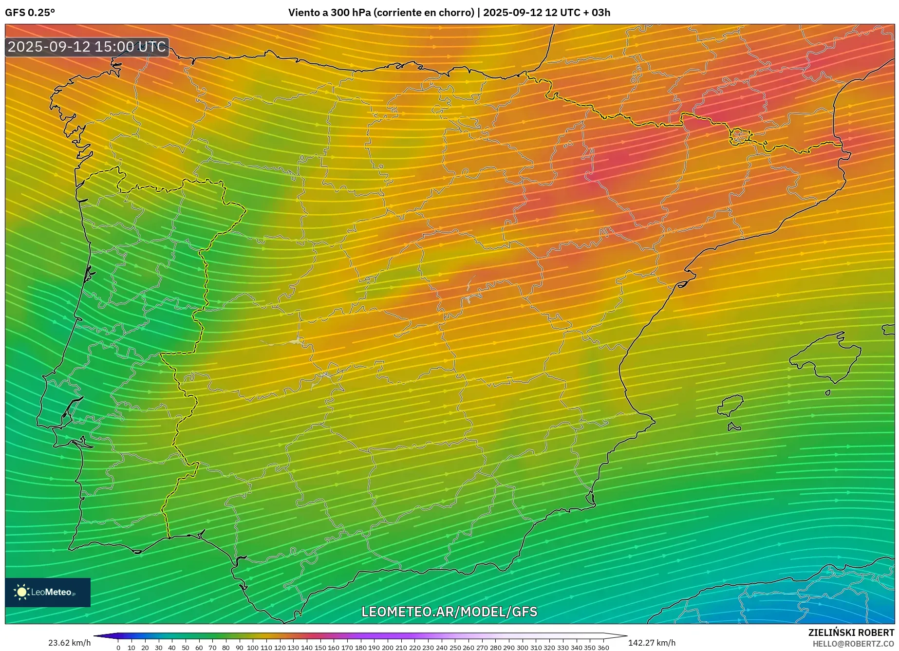 GFS model - España, Viento a 300 hPa (corriente en chorro) GFS model - España, Viento a 300 hPa (corriente en chorro)