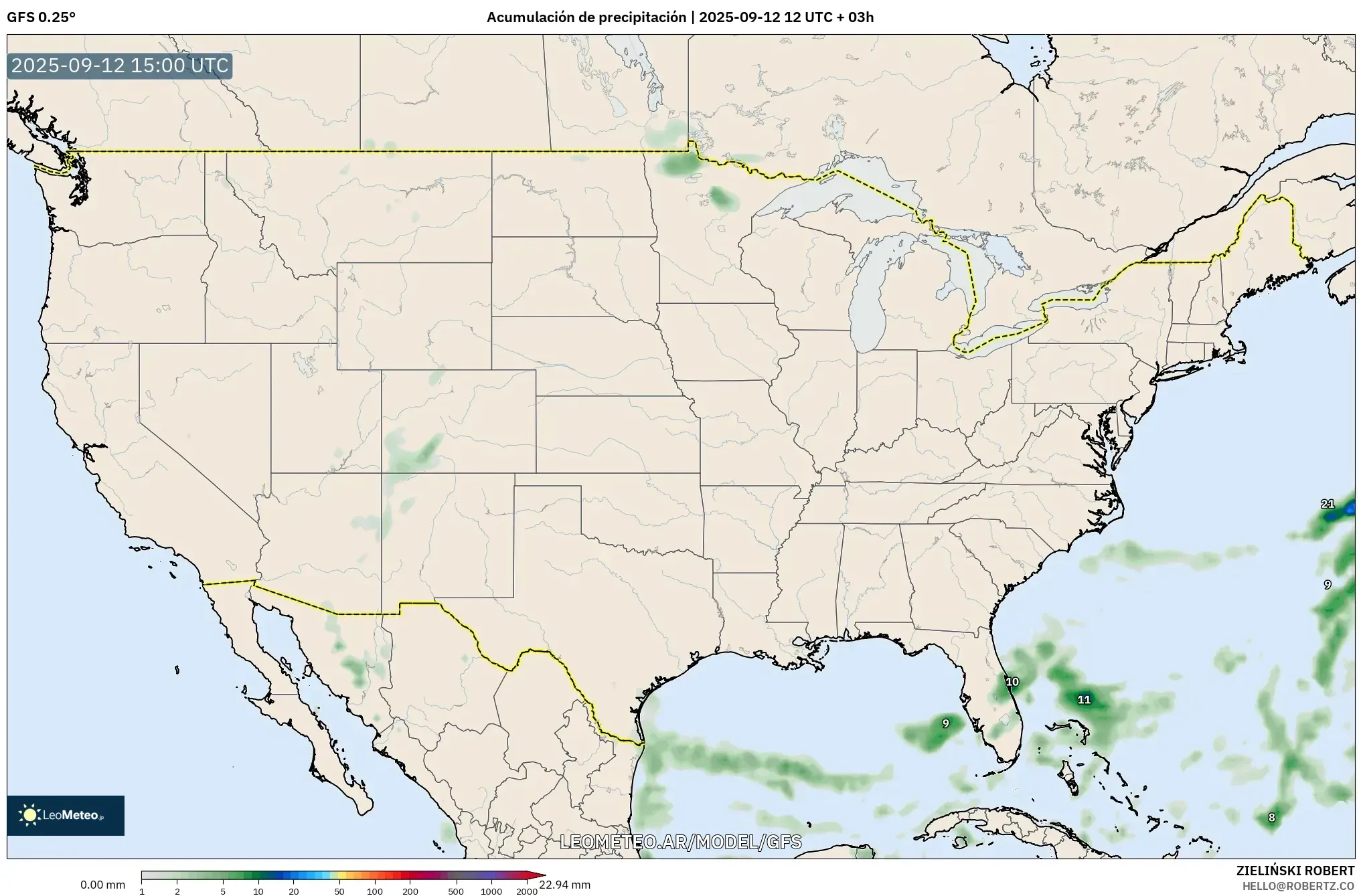 GFS model - Estados Unidos, Acumulación de precipitación GFS model - Estados Unidos, Acumulación de precipitación