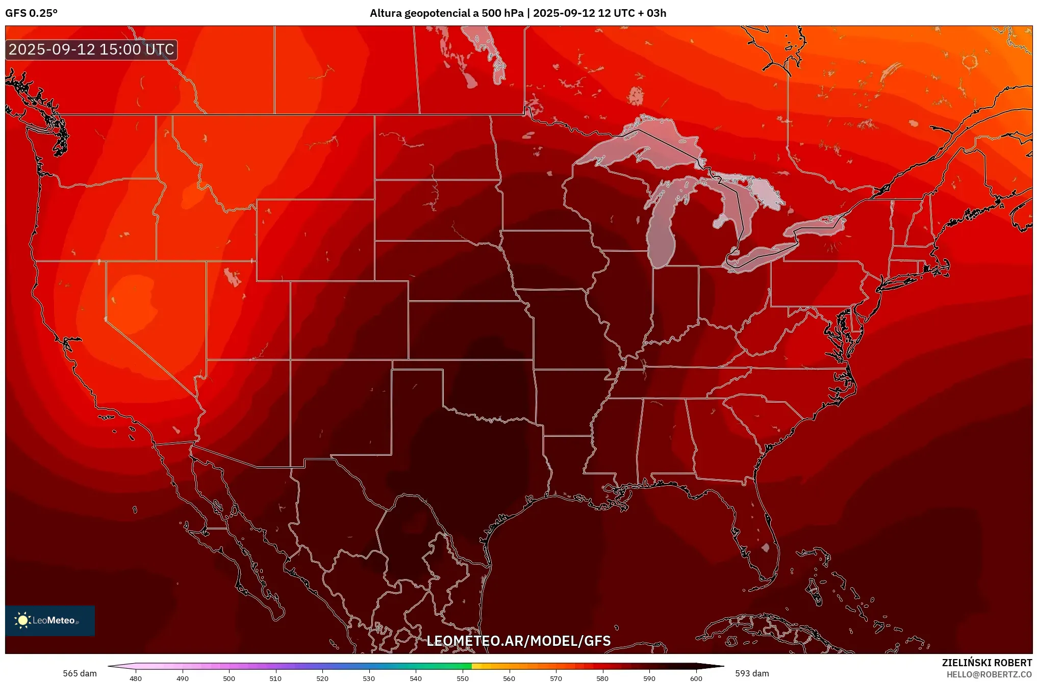 GFS model - Estados Unidos, Altura geopotencial a 500 hPa