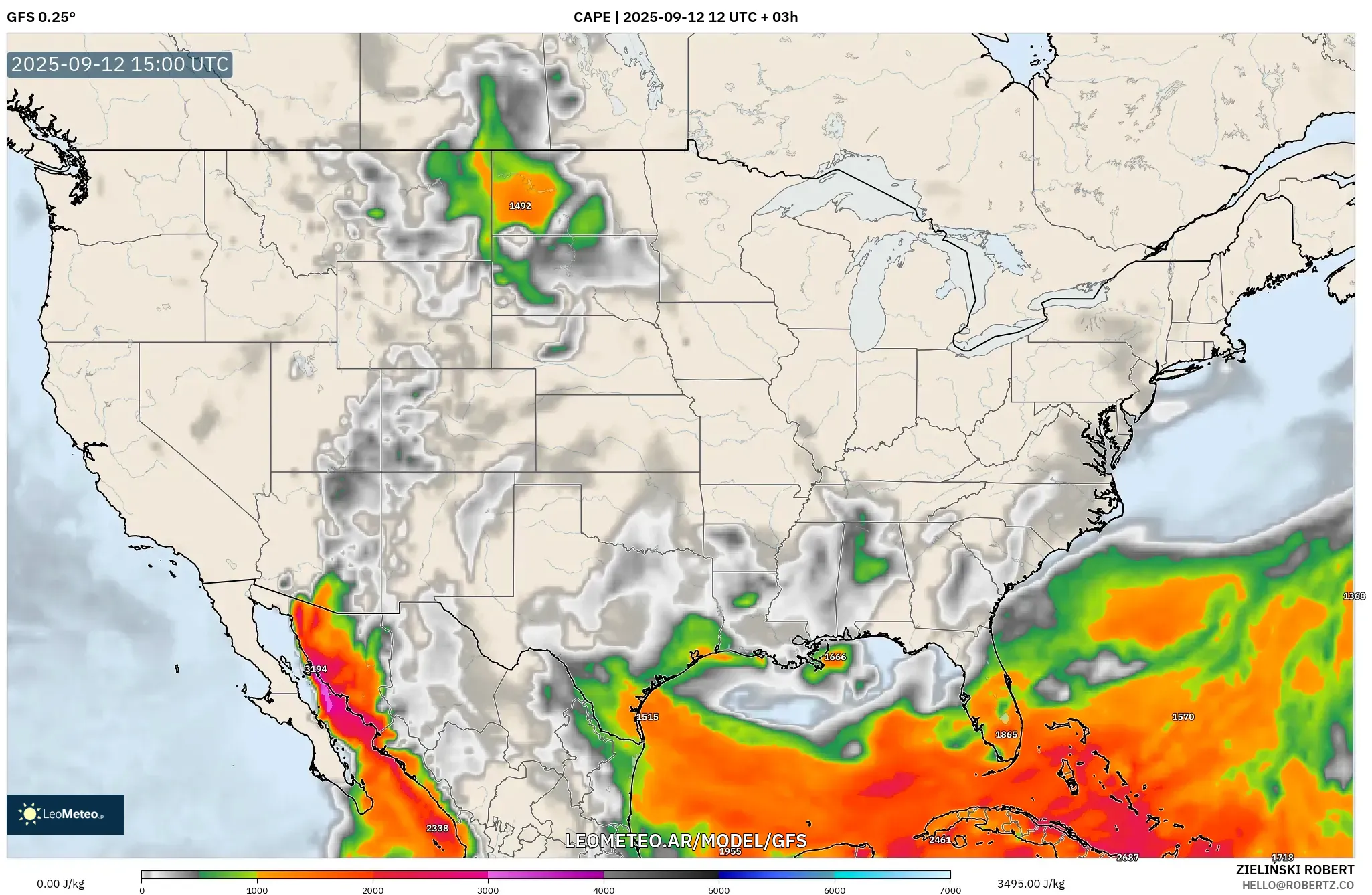 GFS model - Estados Unidos, CAPE GFS model - Estados Unidos, CAPE
