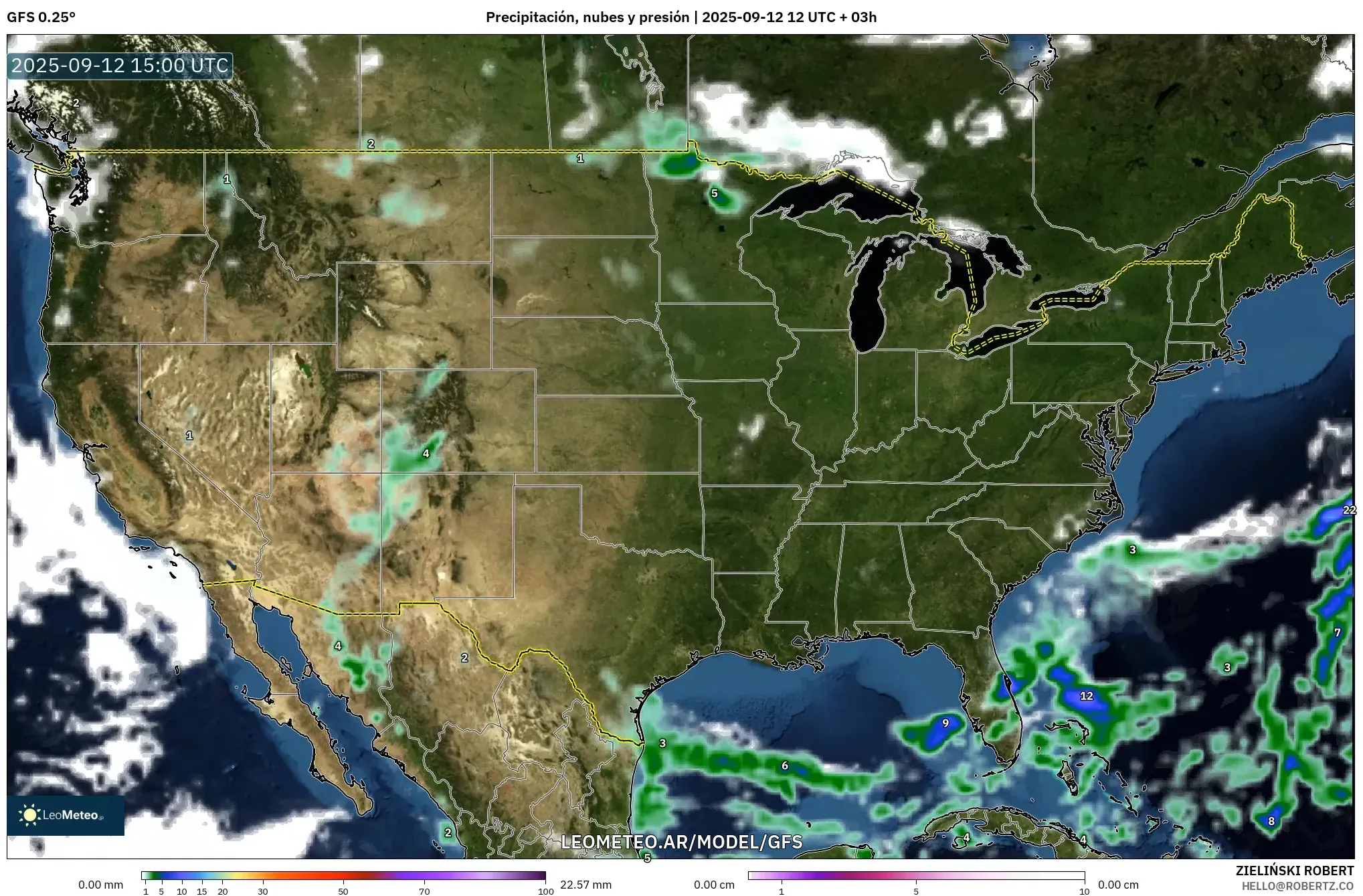 GFS model - Estados Unidos, Precipitación, nubes y presión GFS model - Estados Unidos, Precipitación, nubes y presión