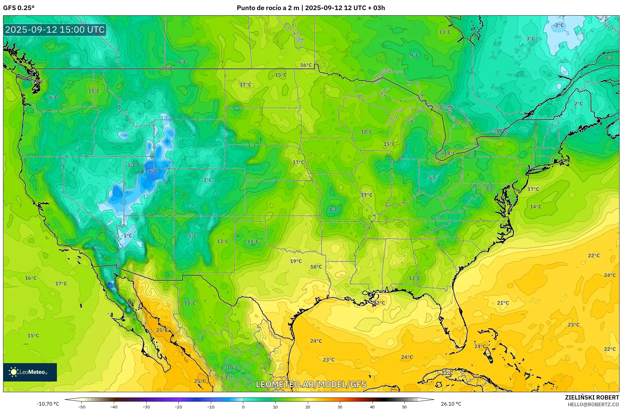 GFS model - Estados Unidos, Punto de rocío a 2 m GFS model - Estados Unidos, Punto de rocío a 2 m