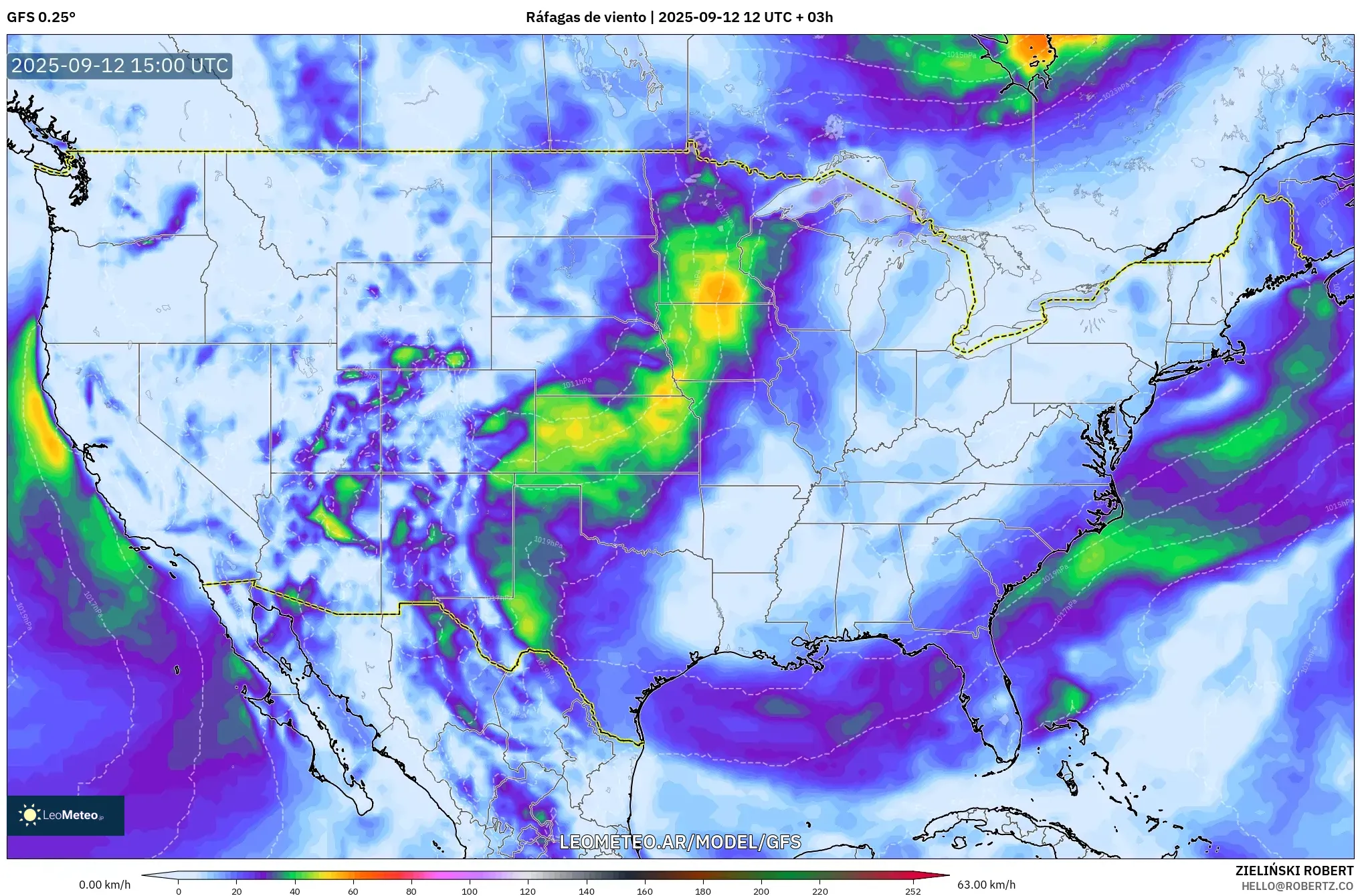 GFS model - Estados Unidos, Ráfagas de viento GFS model - Estados Unidos, Ráfagas de viento