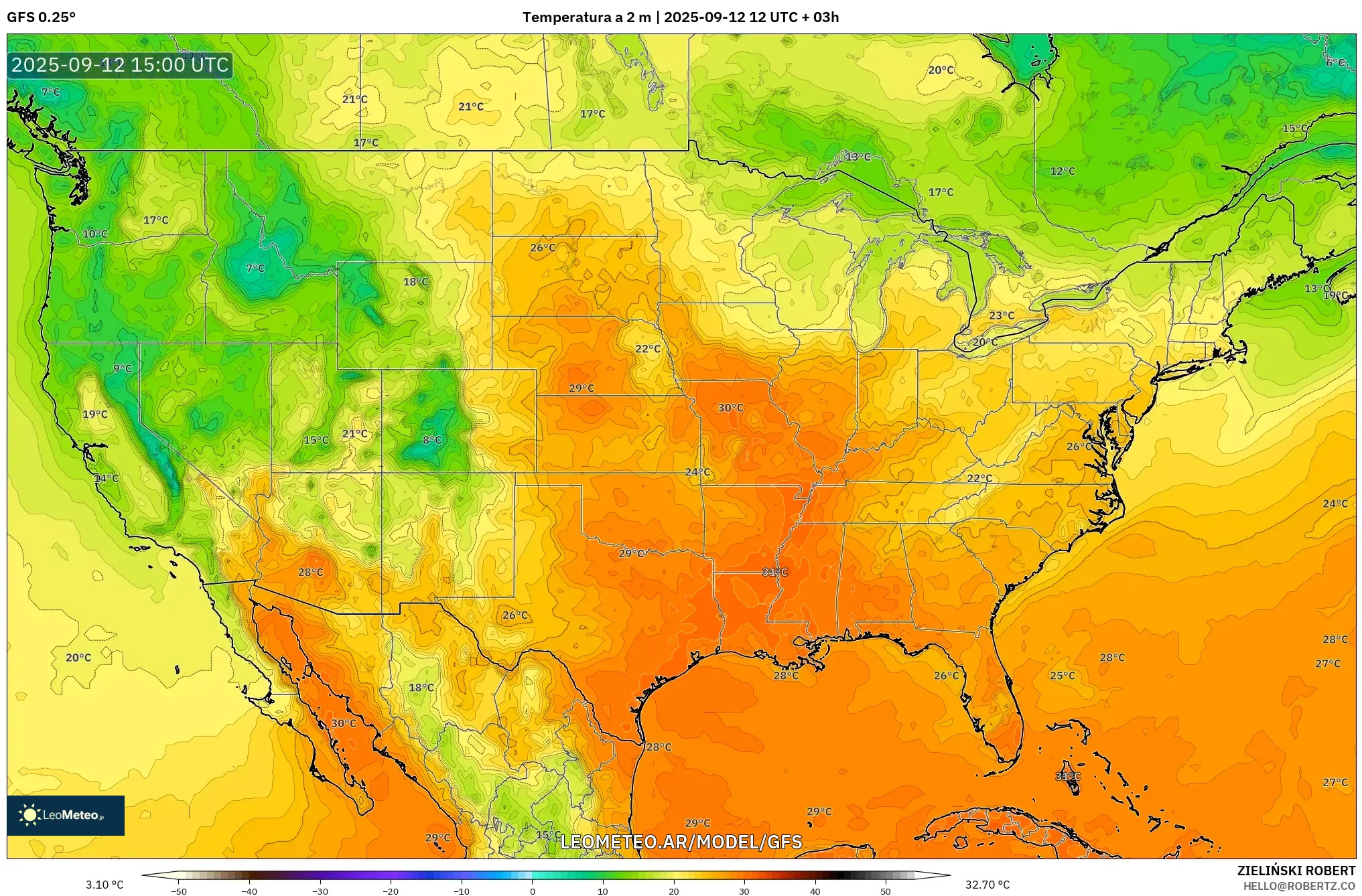GFS model - Estados Unidos, Temperatura a 2 m GFS model - Estados Unidos, Temperatura a 2 m