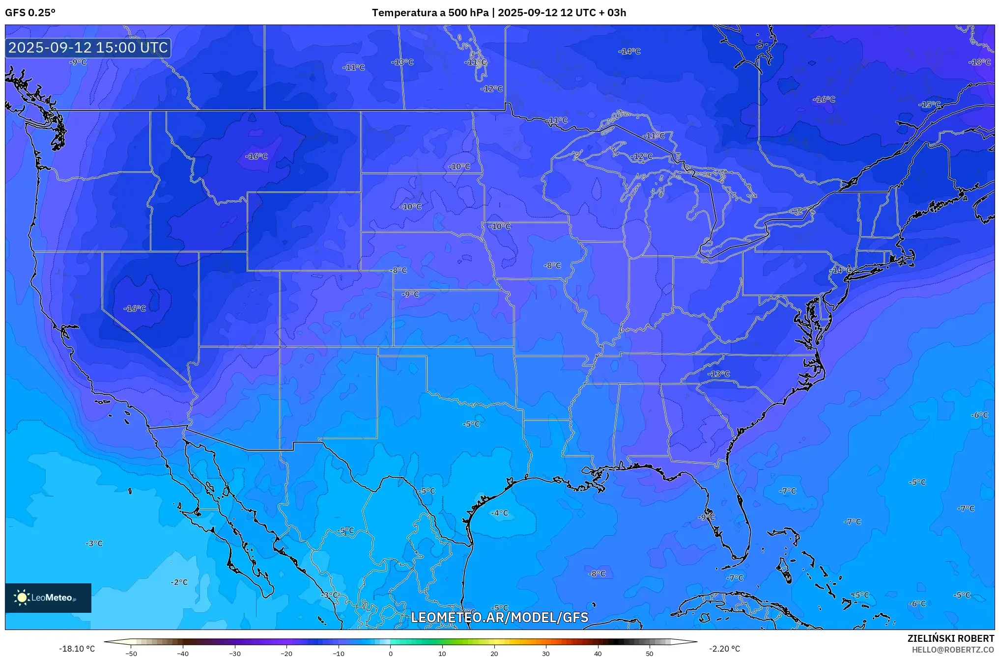 GFS model - Estados Unidos, Temperatura a 500 hPa