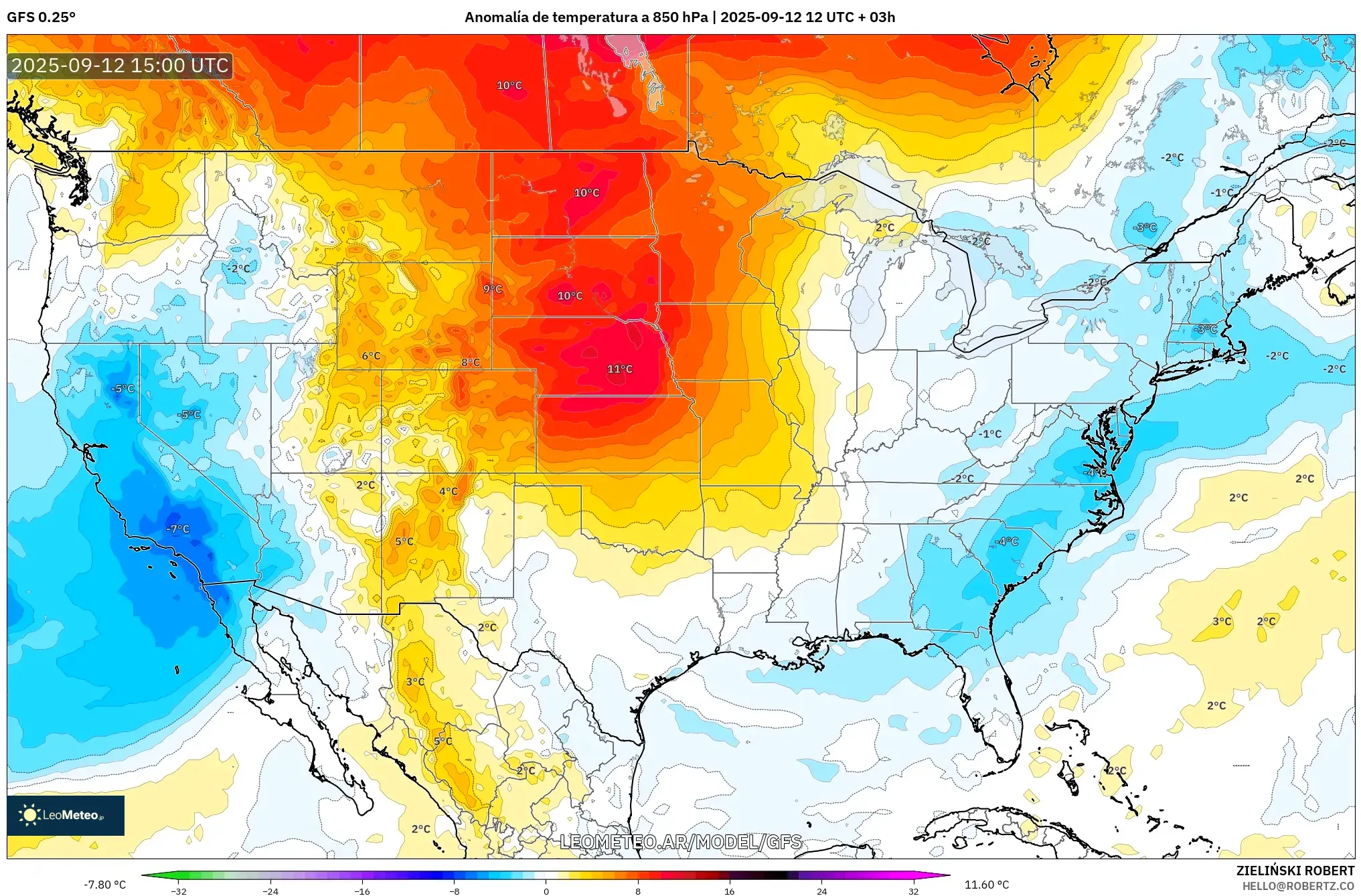 GFS model - Estados Unidos, Anomalía de temperatura a 850 hPa