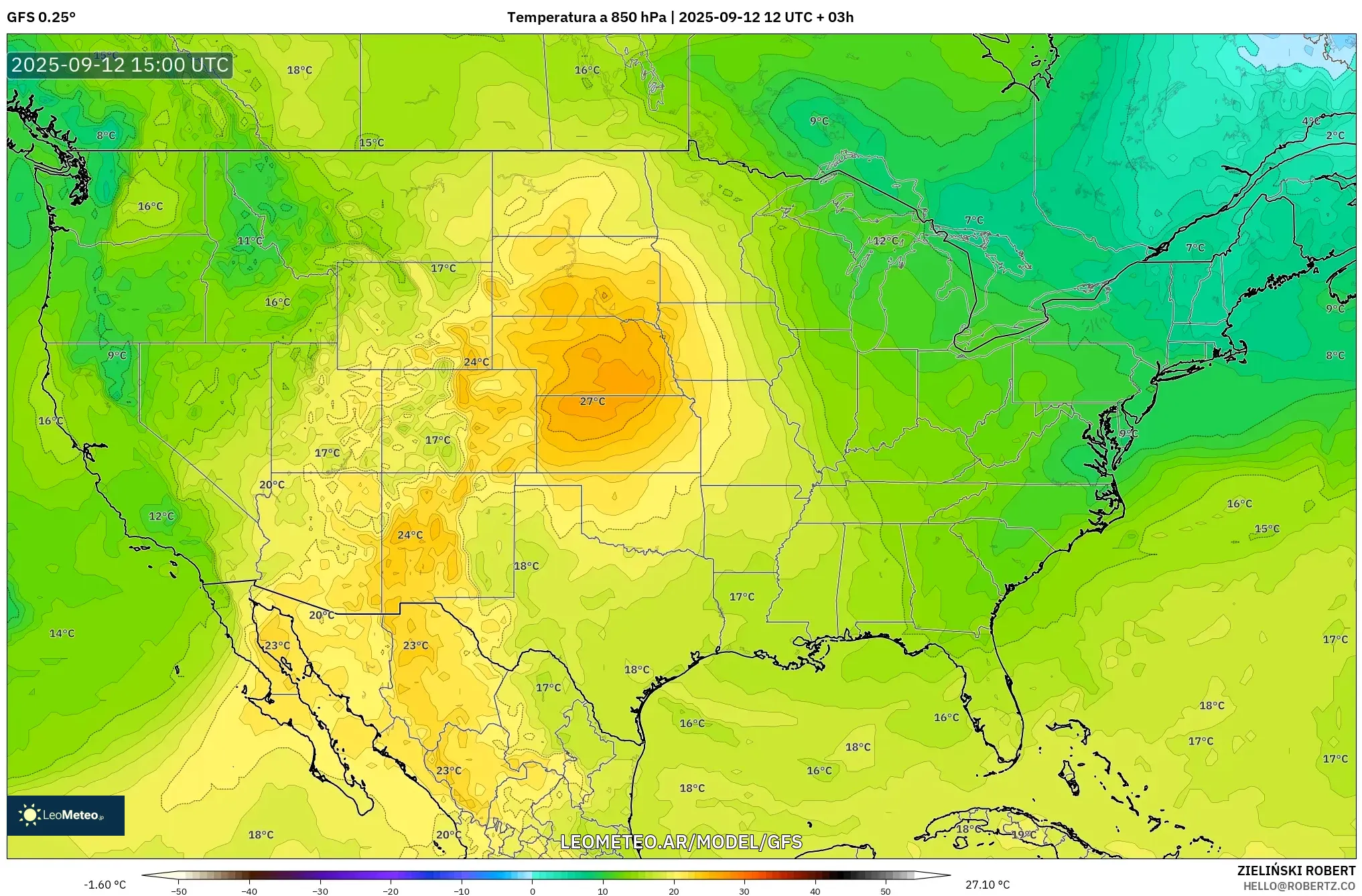 GFS model - Estados Unidos, Temperatura a 850 hPa