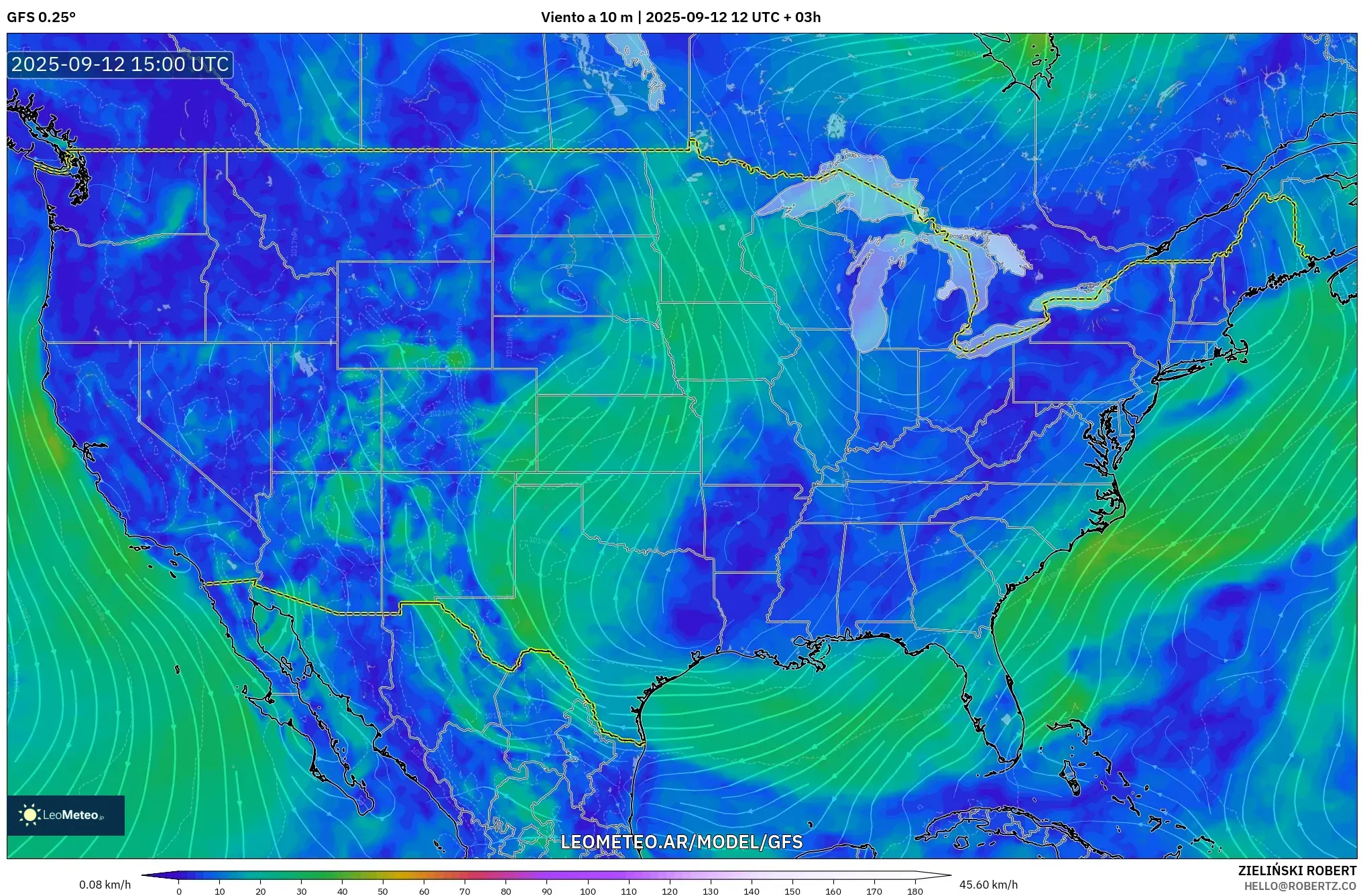 GFS model - Estados Unidos, Viento a 10 m GFS model - Estados Unidos, Viento a 10 m