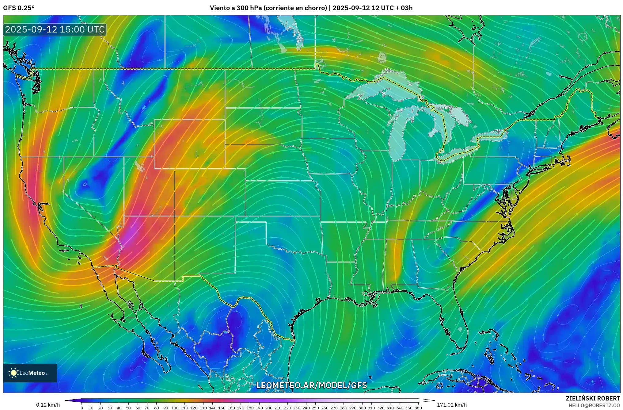 GFS model - Estados Unidos, Viento a 300 hPa (corriente en chorro)