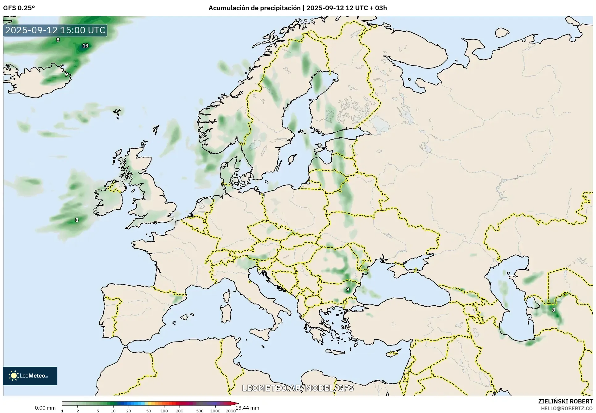 GFS model - Europa, Acumulación de precipitación GFS model - Europa, Acumulación de precipitación