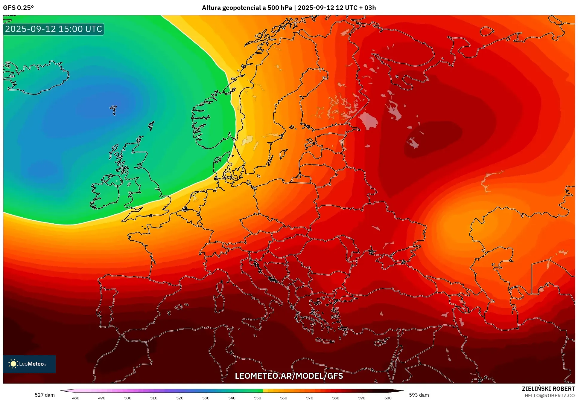 GFS model - Europa, Altura geopotencial a 500 hPa