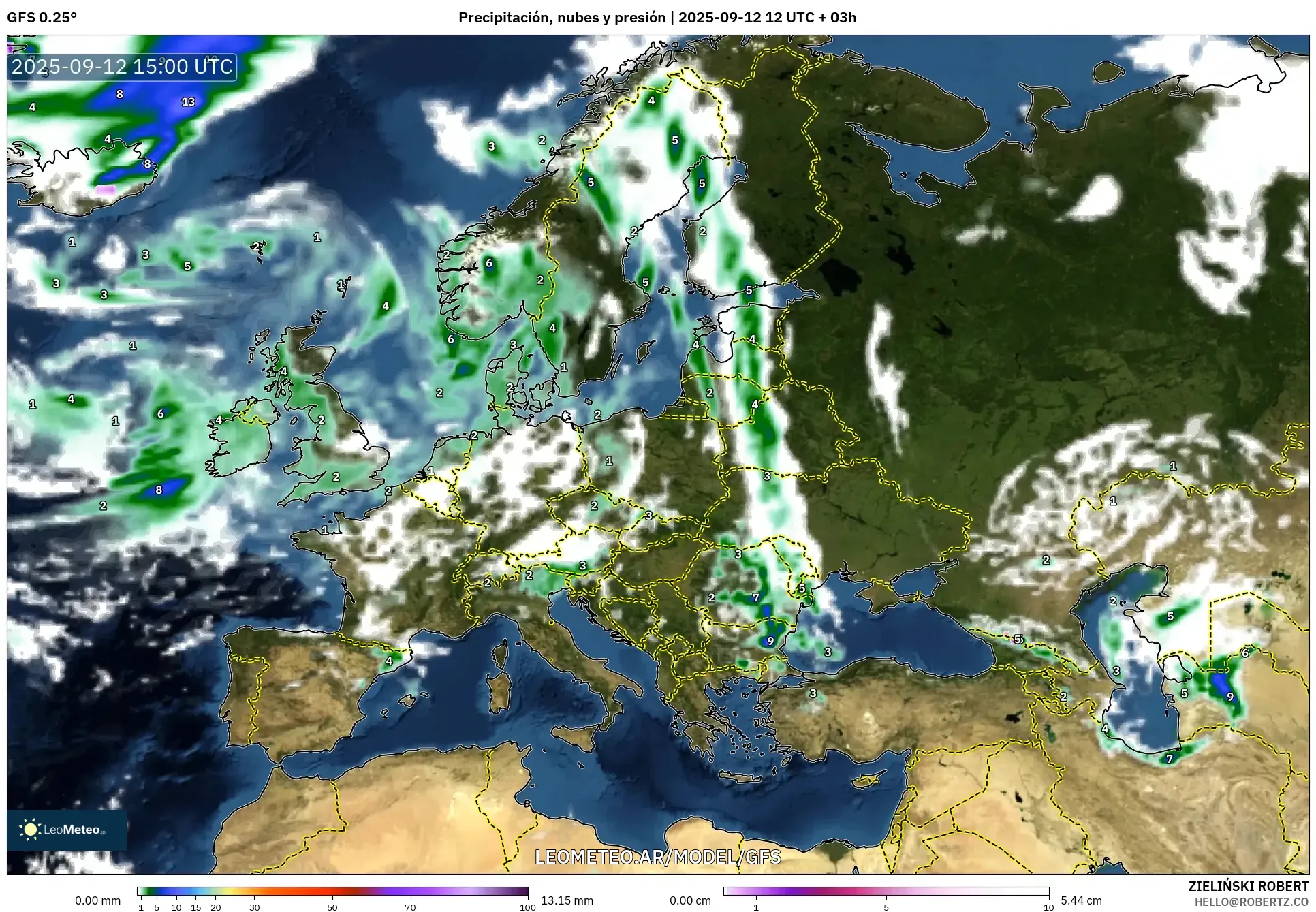 GFS model - Europa, Precipitación, nubes y presión