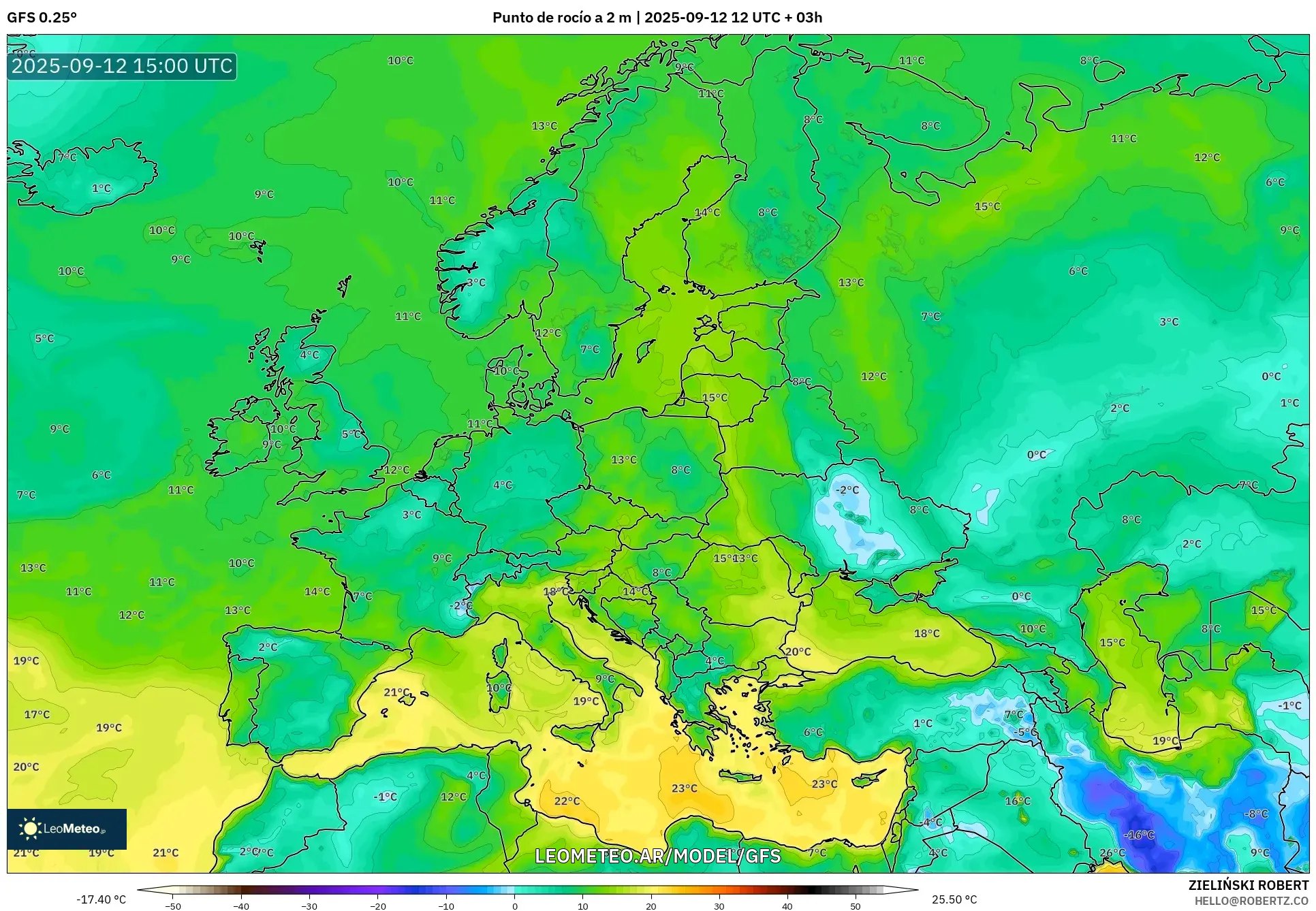 GFS model - Europa, Punto de rocío a 2 m GFS model - Europa, Punto de rocío a 2 m