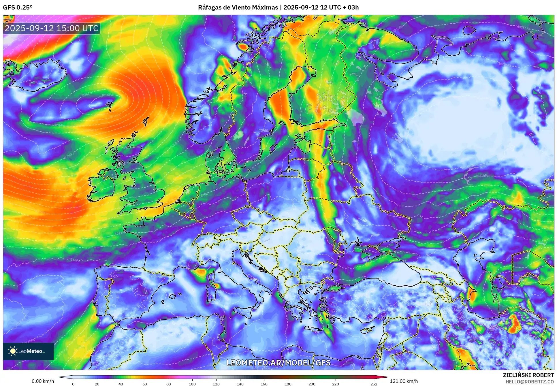 GFS model - Europa, Ráfagas de Viento Máximas GFS model - Europa, Ráfagas de Viento Máximas