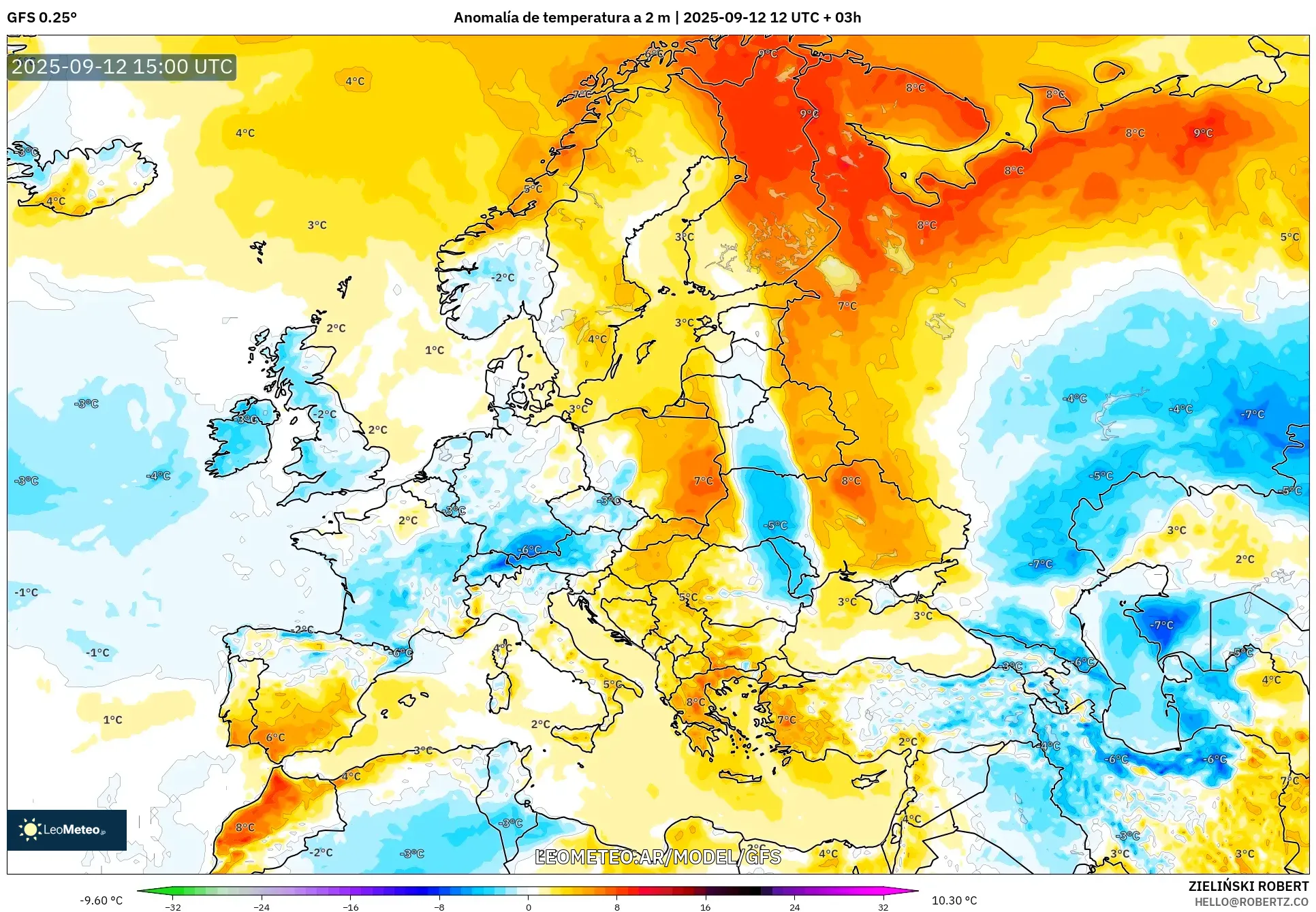 GFS model - Europa, Anomalía de temperatura a 2 m