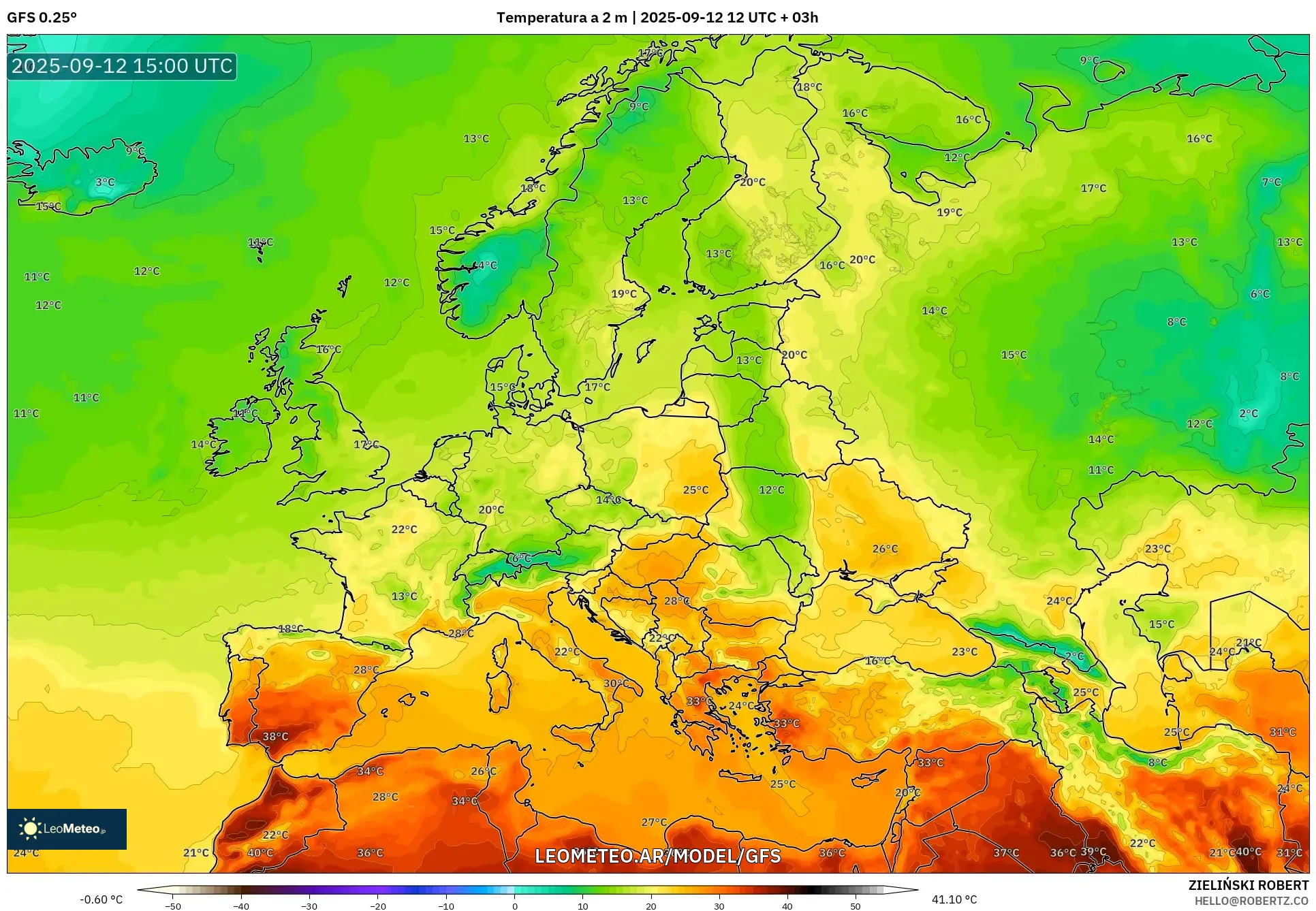 GFS model - Europa, Temperatura a 2 m GFS model - Europa, Temperatura a 2 m