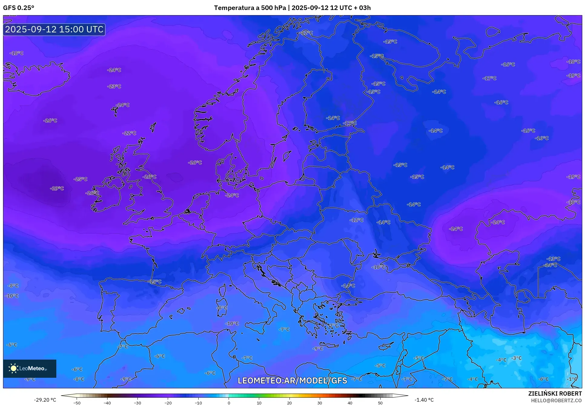 GFS model - Europa, Temperatura a 500 hPa