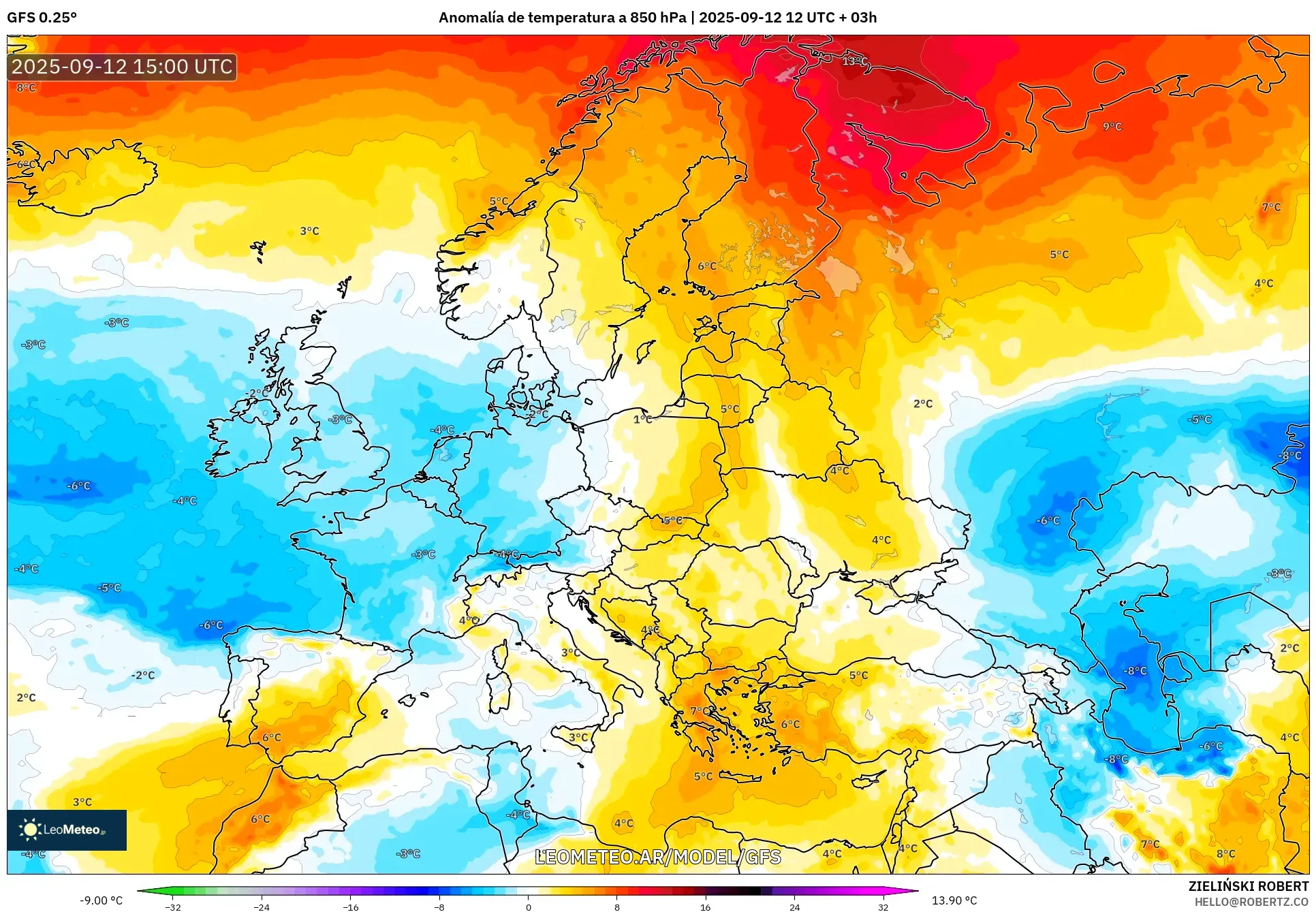 GFS model - Europa, Anomalía de temperatura a 850 hPa GFS model - Europa, Anomalía de temperatura a 850 hPa