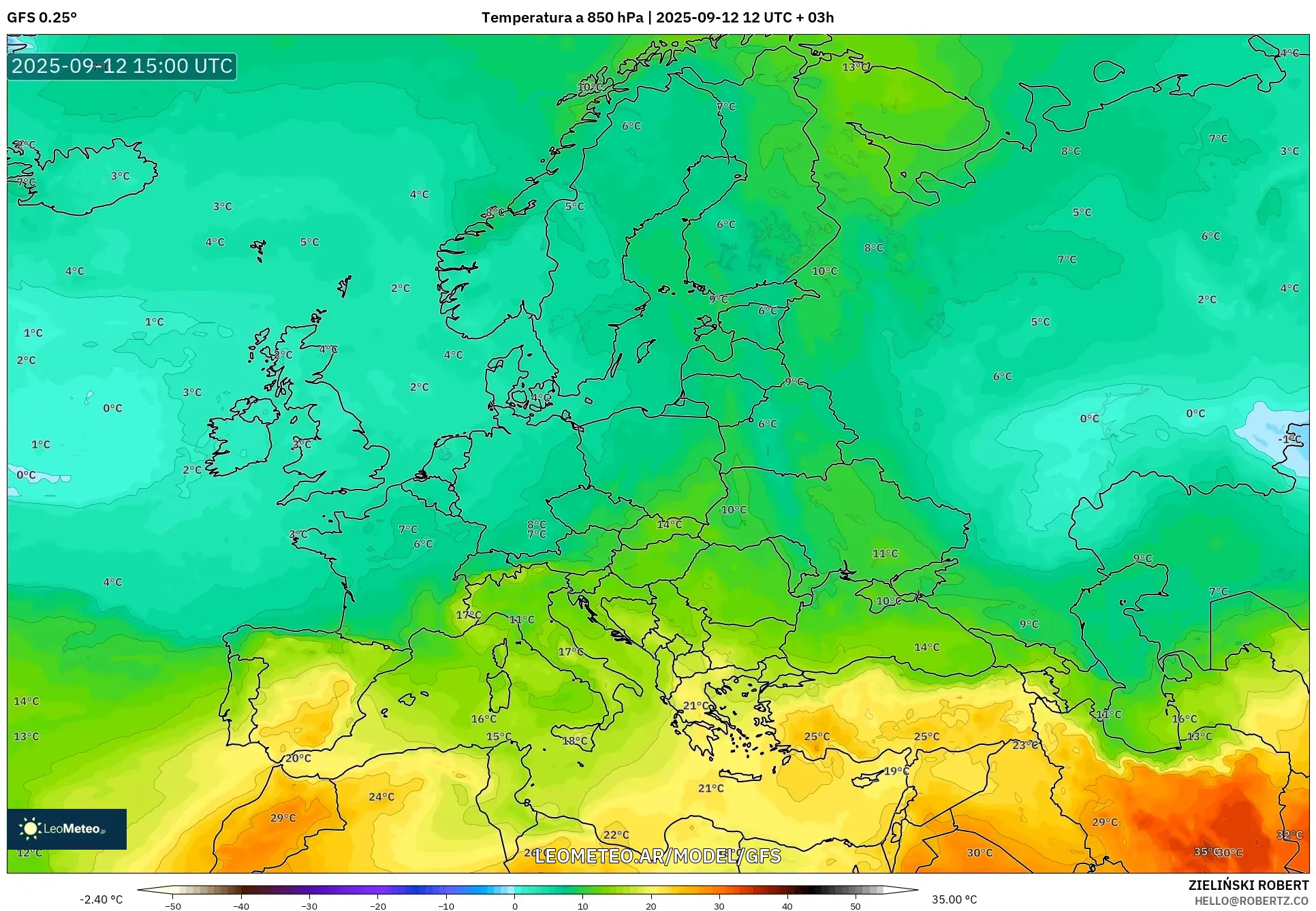 GFS model - Europa, Temperatura a 850 hPa GFS model - Europa, Temperatura a 850 hPa