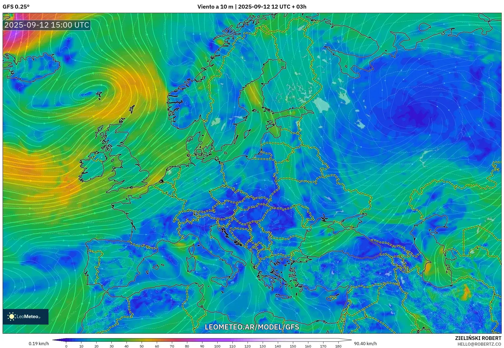 GFS model - Europa, Viento a 10 m