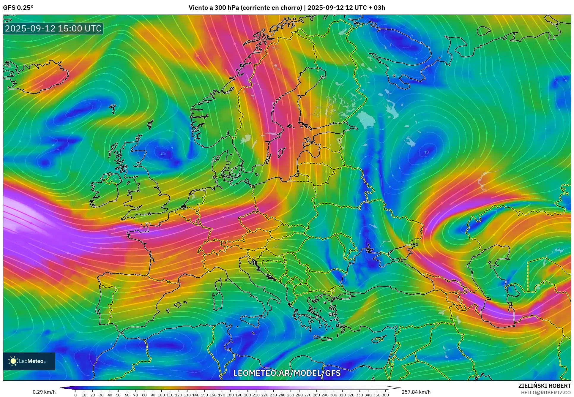 GFS model - Europa, Viento a 300 hPa (corriente en chorro)