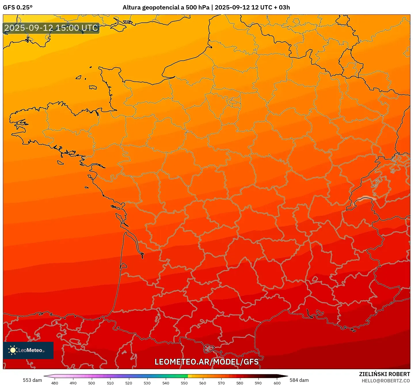 GFS model - Francia, Altura geopotencial a 500 hPa