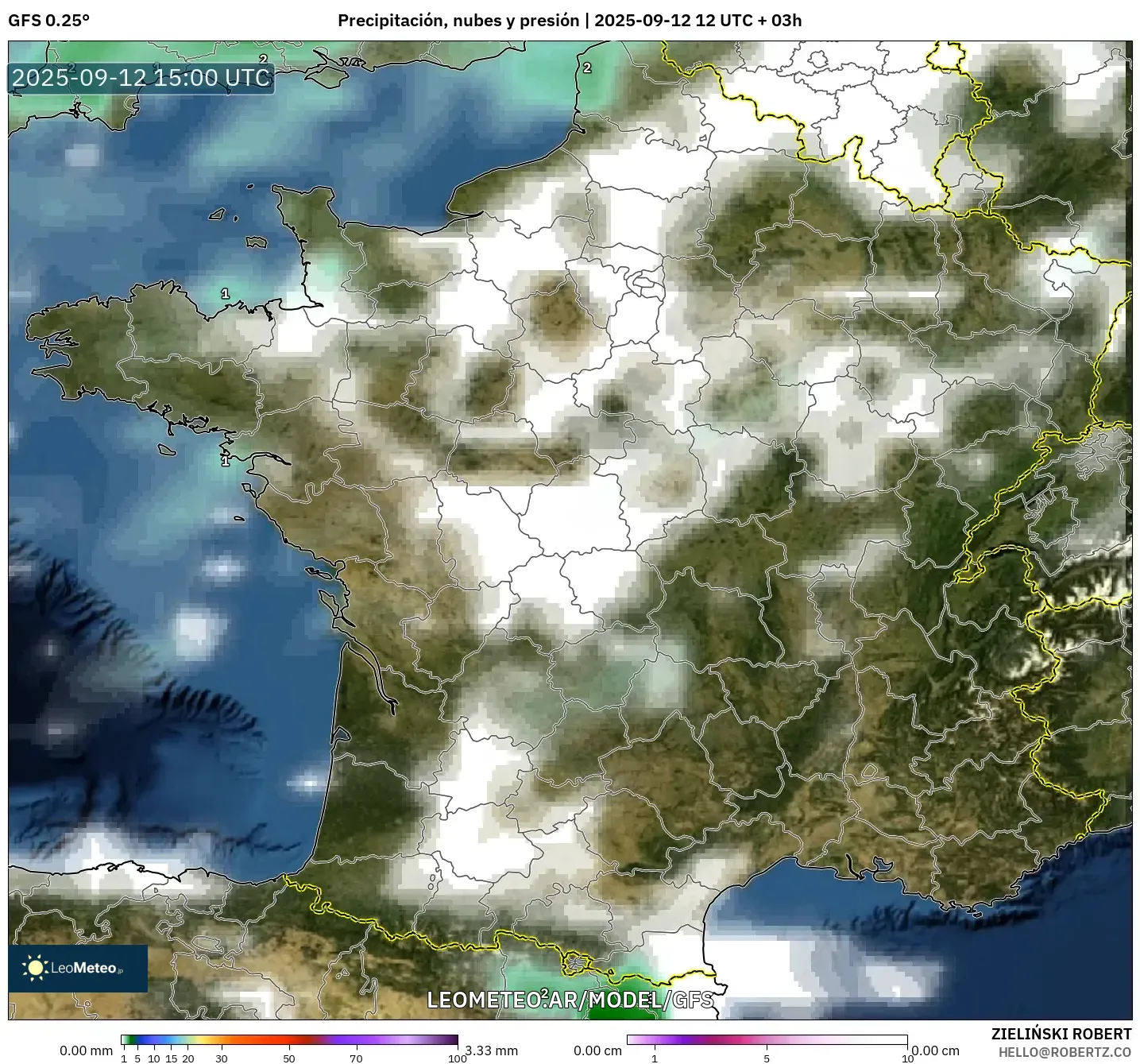 GFS model - Francia, Precipitación, nubes y presión GFS model - Francia, Precipitación, nubes y presión