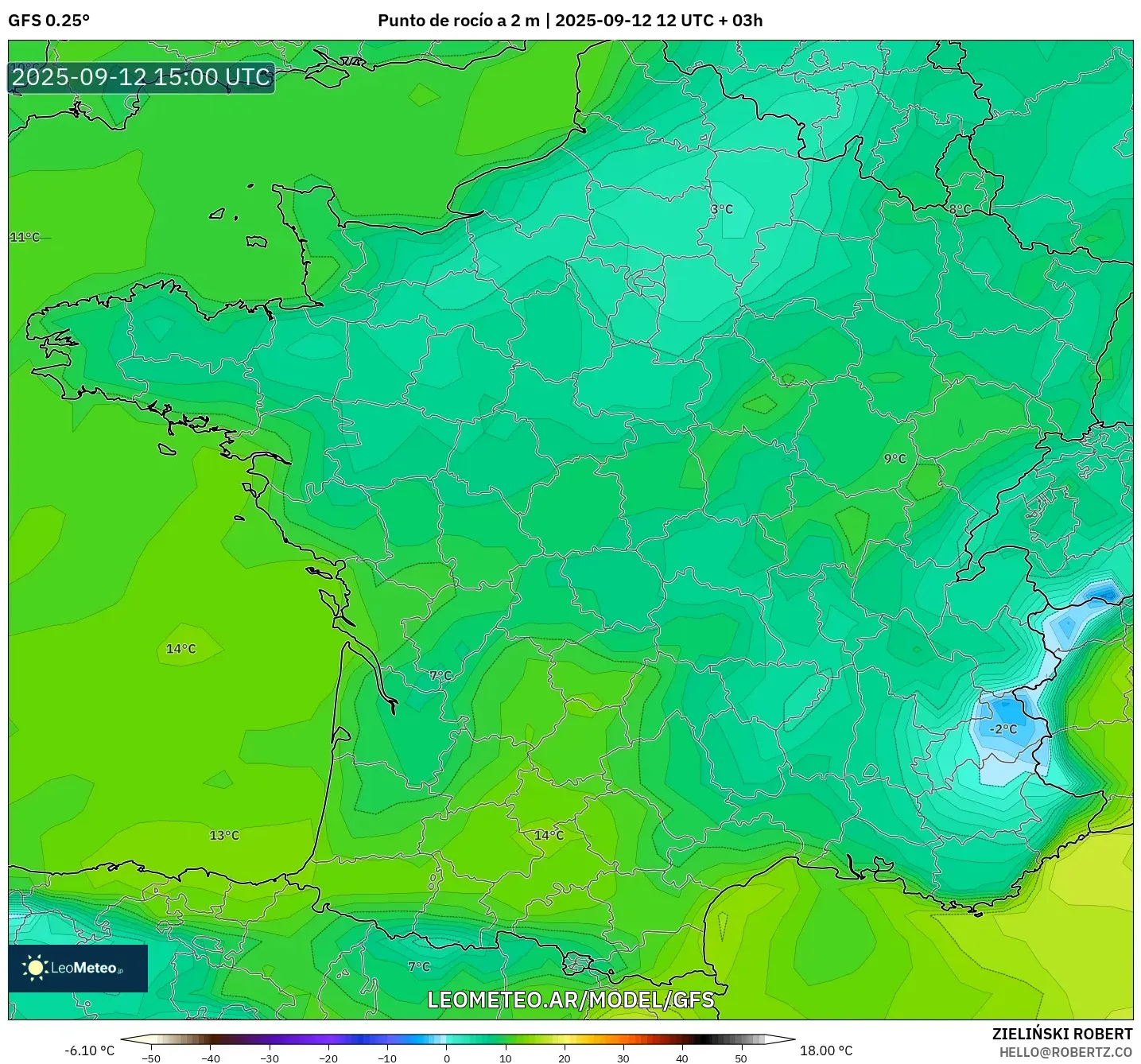 GFS model - Francia, Punto de rocío a 2 m GFS model - Francia, Punto de rocío a 2 m