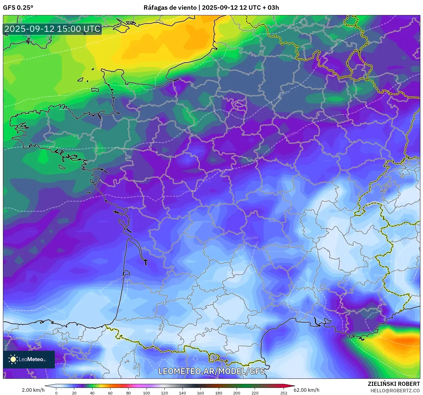 GFS model - Francia, Ráfagas de viento GFS model - Francia, Ráfagas de viento
