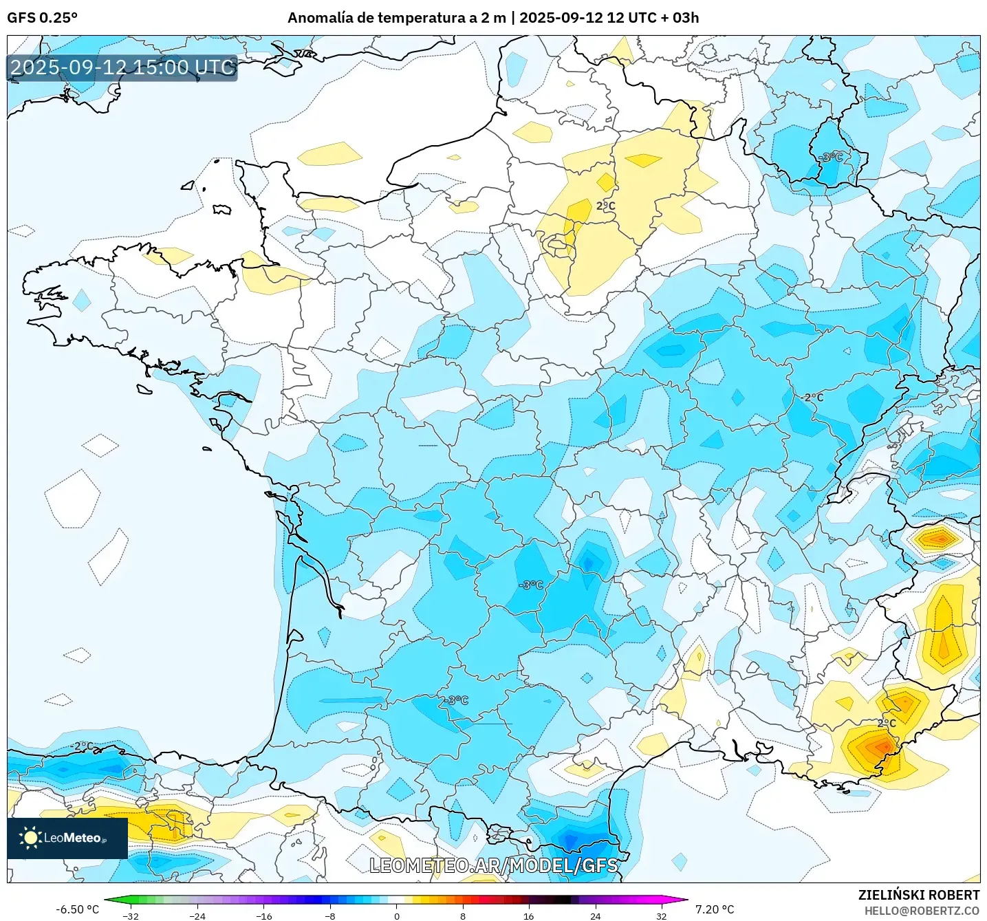 GFS model - Francia, Anomalía de temperatura a 2 m GFS model - Francia, Anomalía de temperatura a 2 m